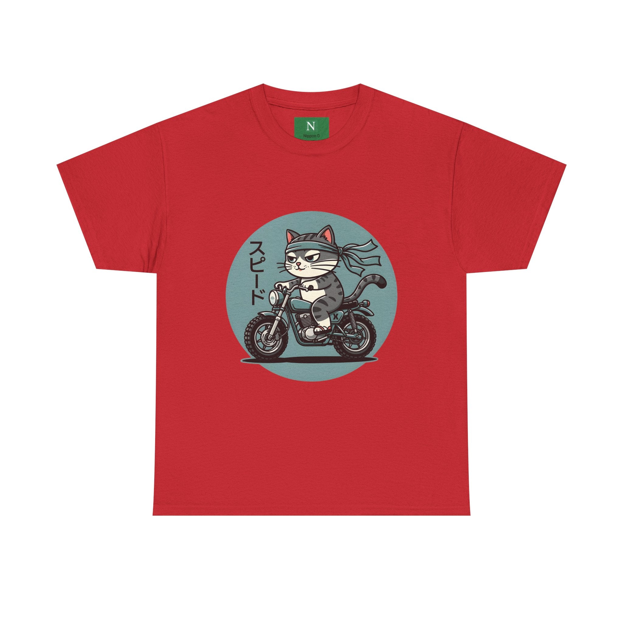 Cat Biker T‑Shirt — Retro Motorcycle Cat with Japanese “Speed” Text