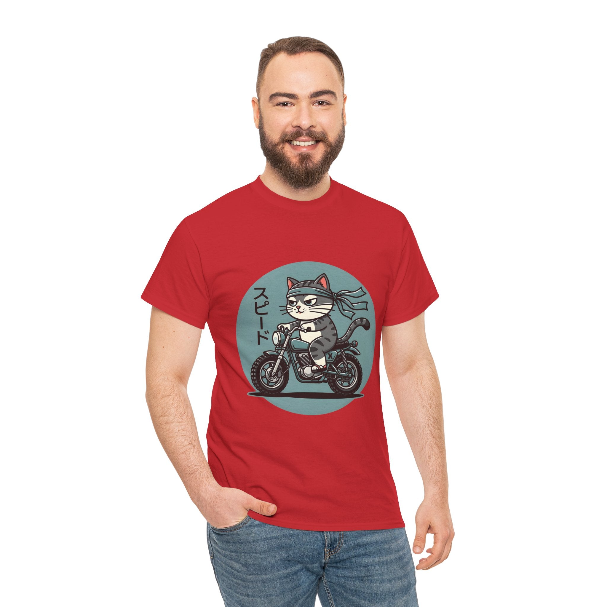Cat Biker T‑Shirt — Retro Motorcycle Cat with Japanese “Speed” Text