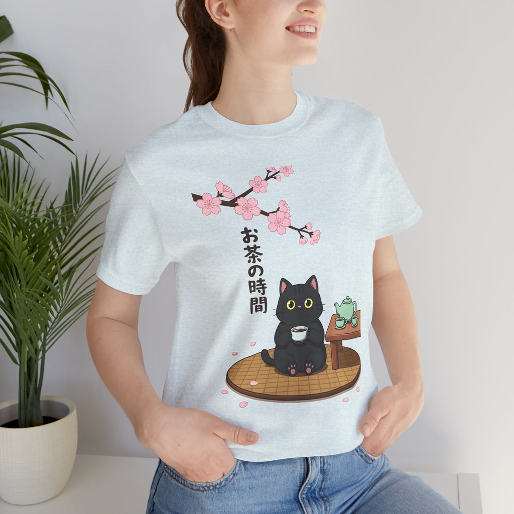 Cat Tea Time T-Shirt — Kawaii Black Cat with Sakura and Teapot