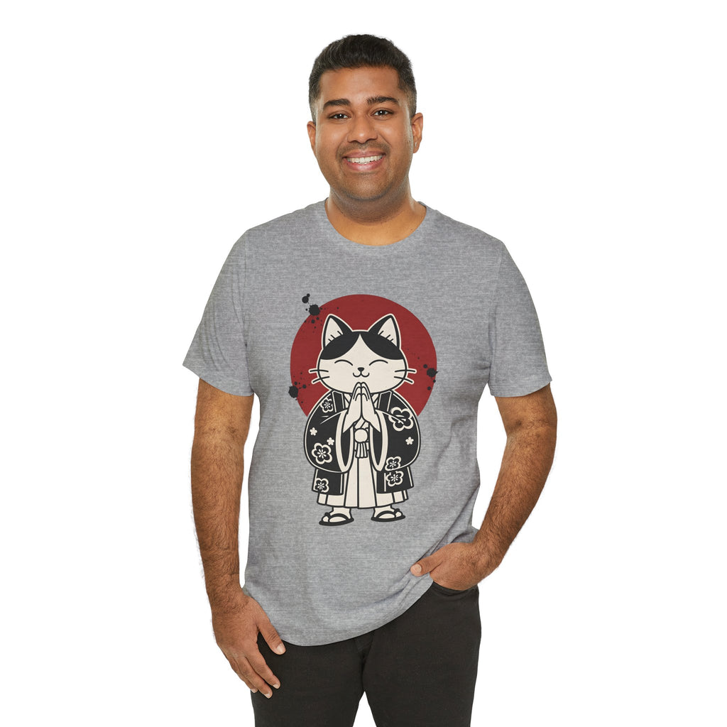 Samurai Cat T‑Shirt — Cute Praying Cat with Red Sun Graphic