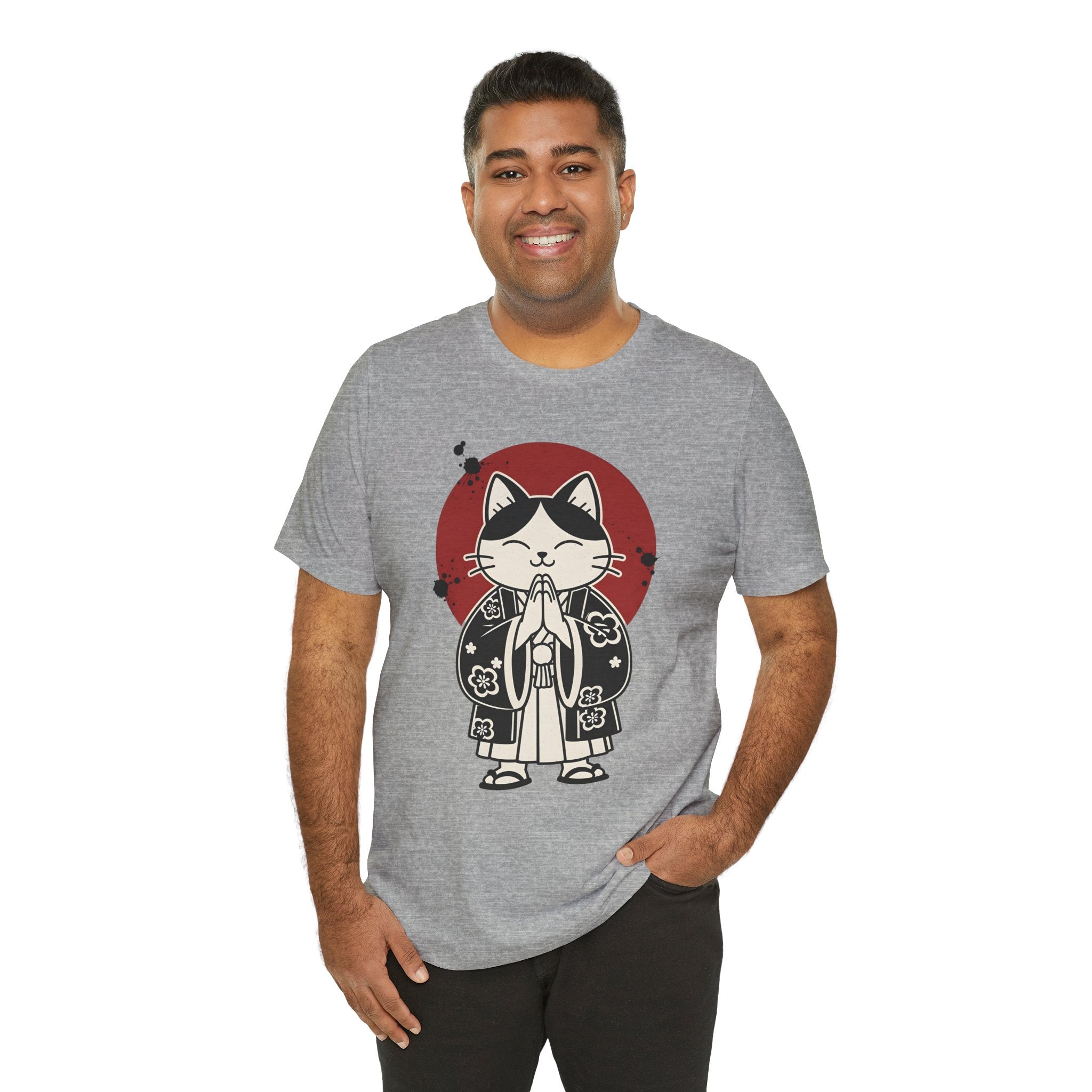 Samurai Cat T‑Shirt — Cute Praying Cat with Red Sun Graphic