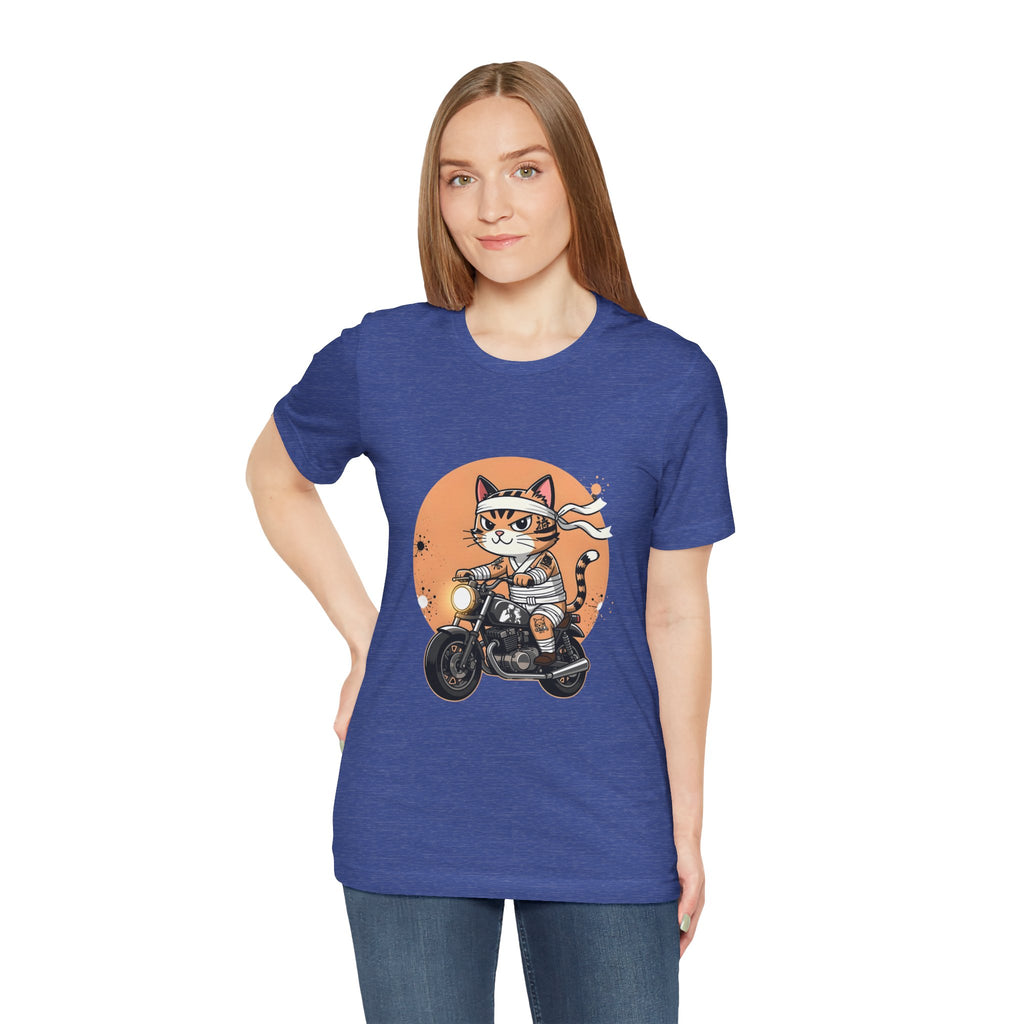 Retro Biker Cat T‑Shirt — Cute Motorcycle Cat Graphic Tee