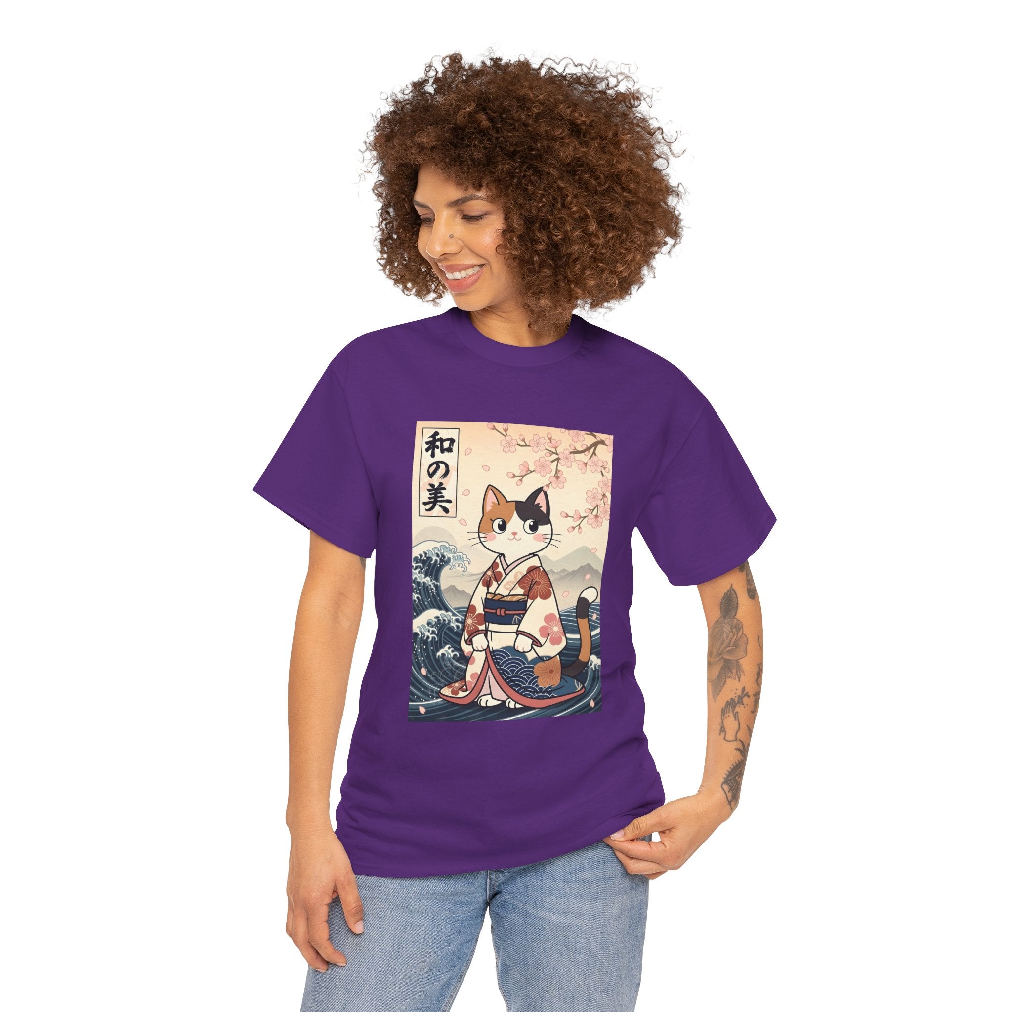 Cat Ukiyo-e T-Shirt — Vintage Japanese Kimono Cat with Cherry Blossoms