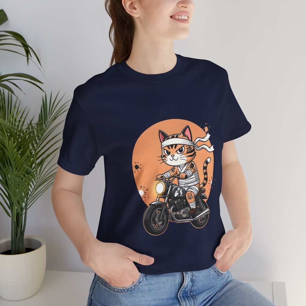 Retro Biker Cat T‑Shirt — Cute Motorcycle Cat Graphic Tee