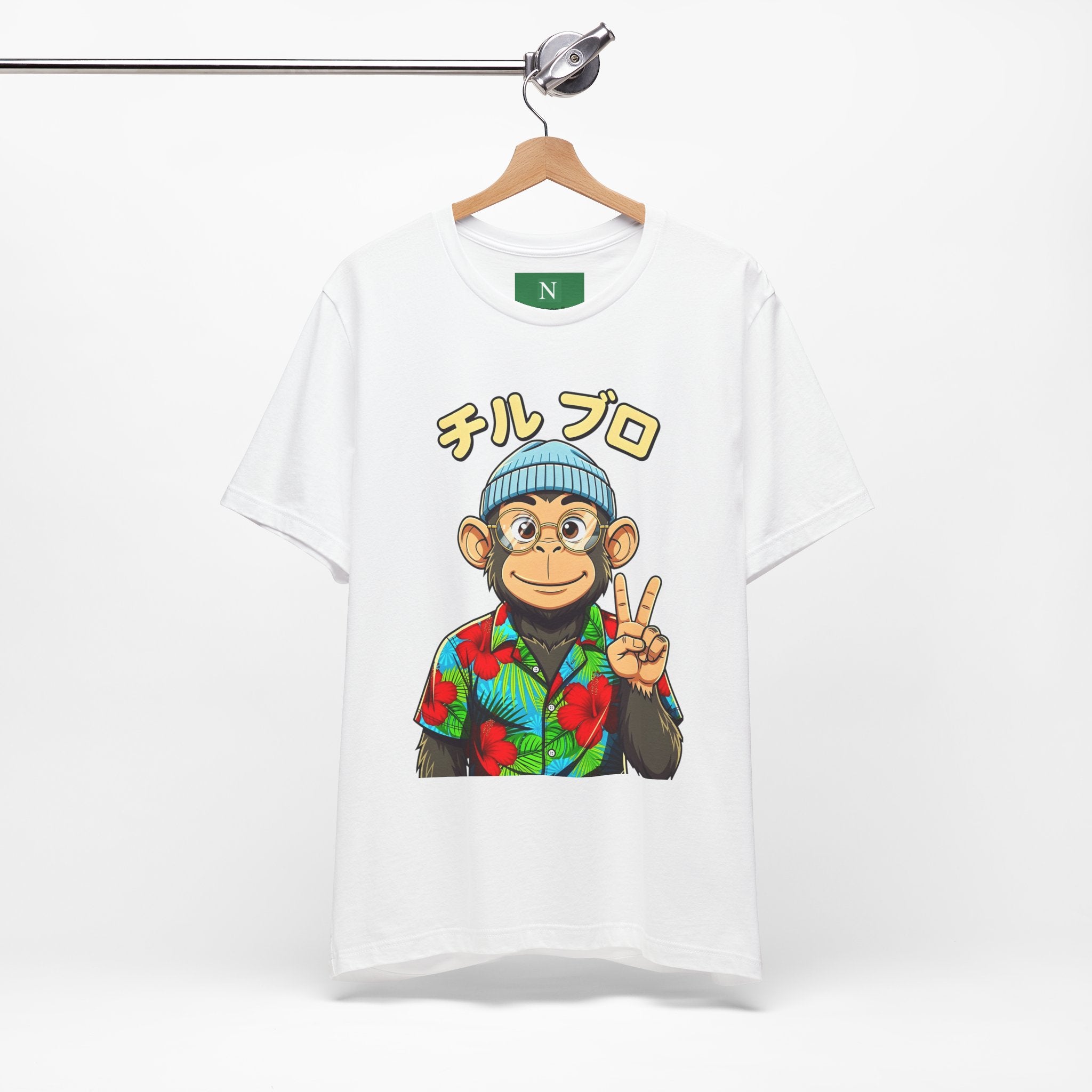 Monkey Peace Sign Tee — Hawaiian Shirt Chimp Graphic with Japanese Text