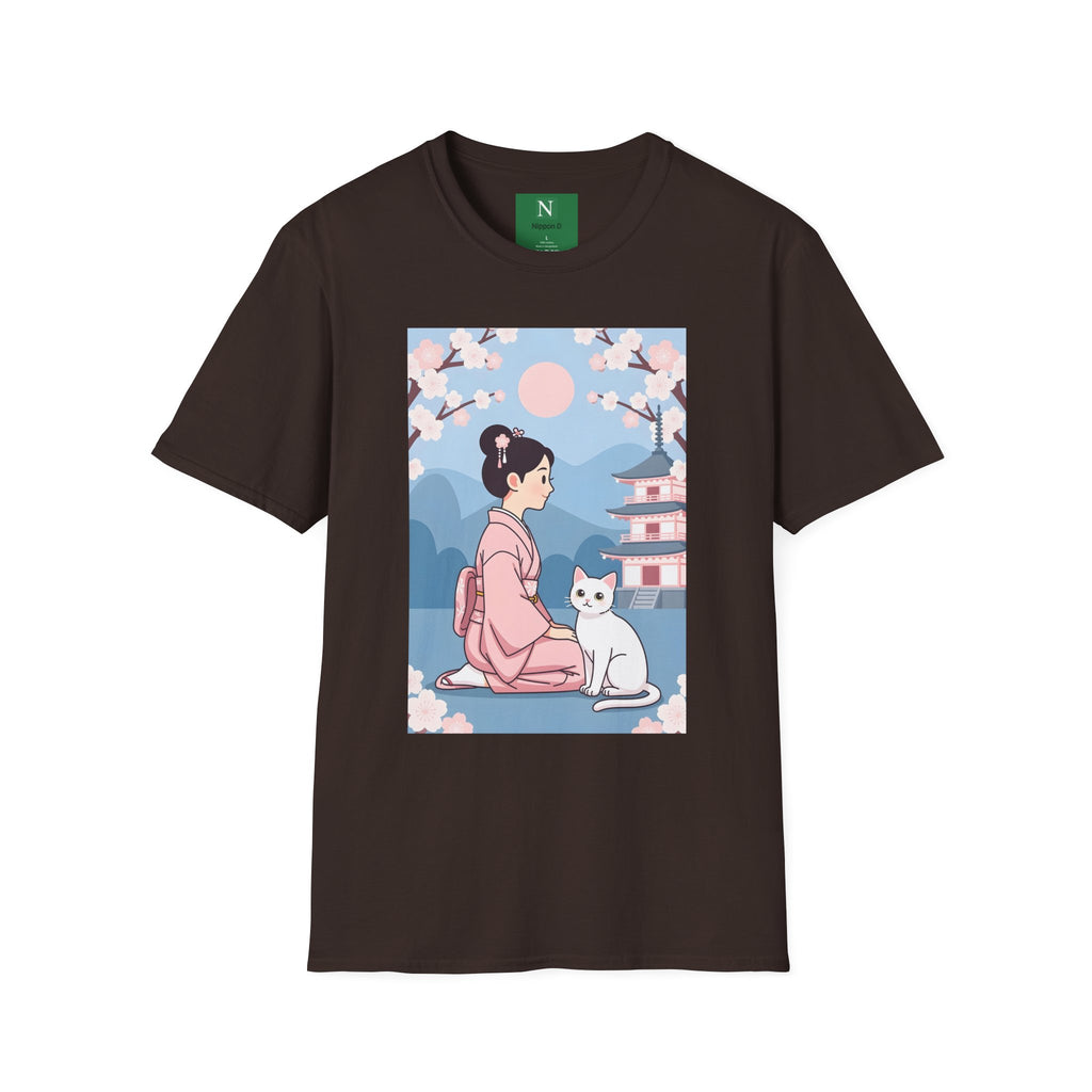 Cherry Blossom Geisha Tee — Japanese Girl & Cat Graphic T-Shirt