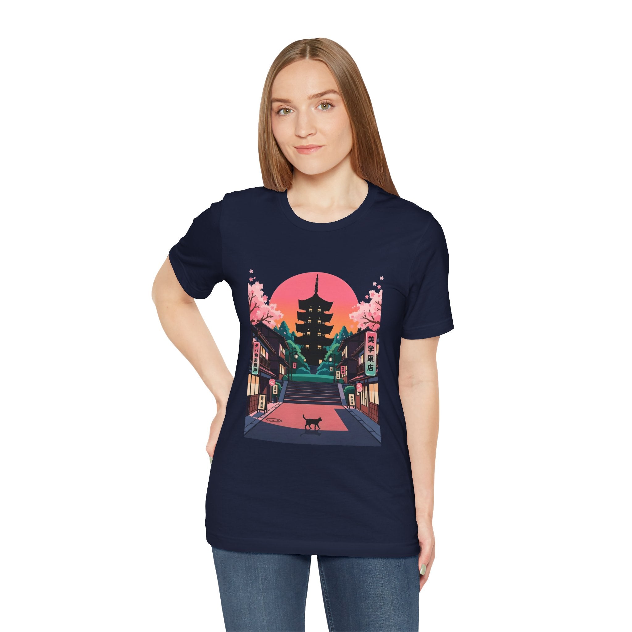 Japanese Pagoda Sunset Tee — Sakura Street Cat Graphic T-Shirt