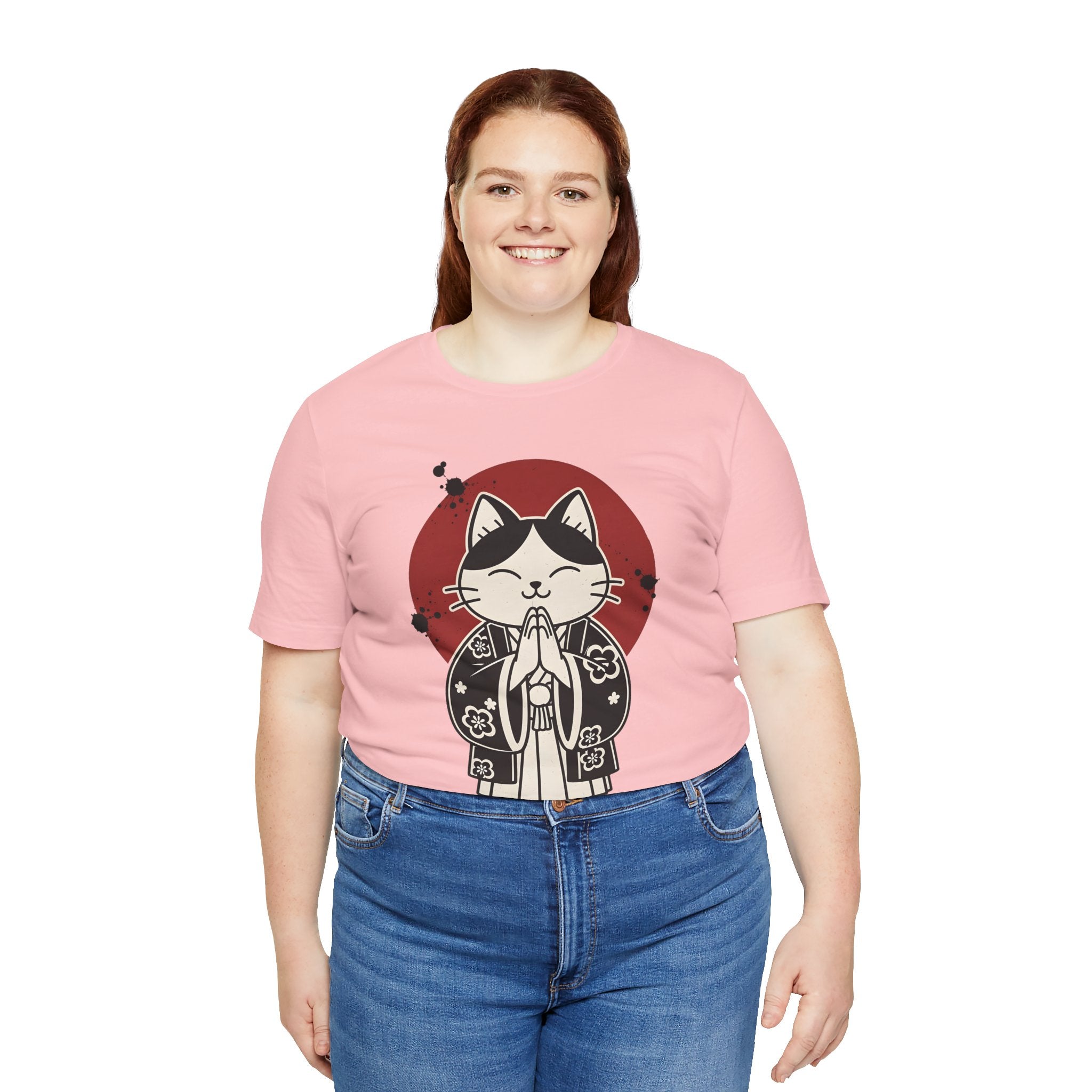 Samurai Cat T‑Shirt — Cute Praying Cat with Red Sun Graphic