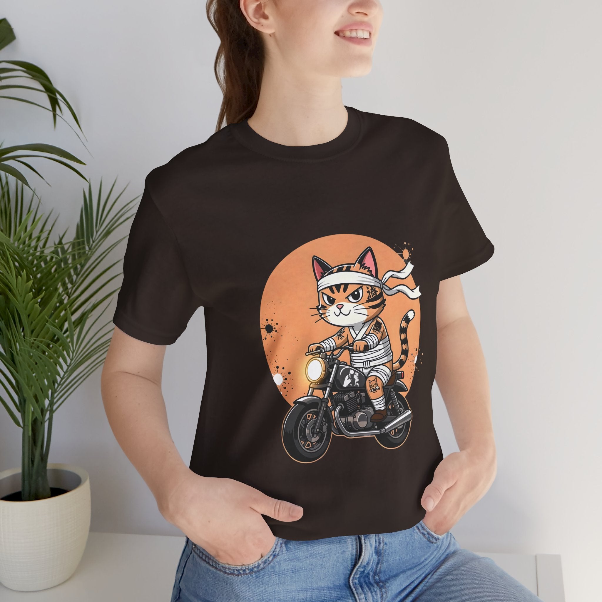 Retro Biker Cat T‑Shirt — Cute Motorcycle Cat Graphic Tee
