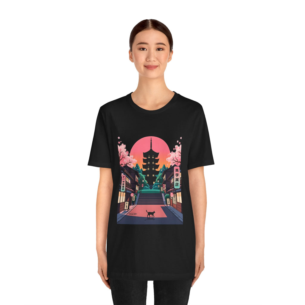 Japanese Pagoda Sunset Tee — Sakura Street Cat Graphic T-Shirt