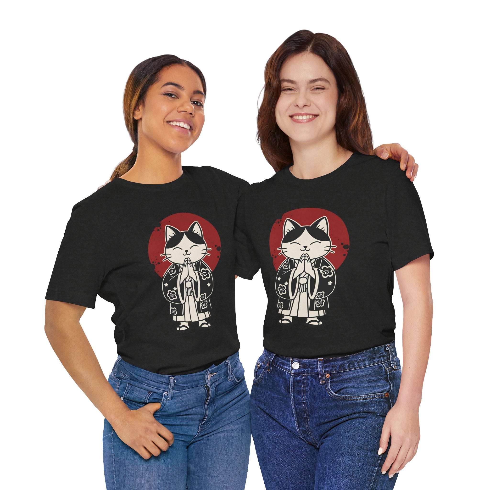 Samurai Cat T‑Shirt — Cute Praying Cat with Red Sun Graphic