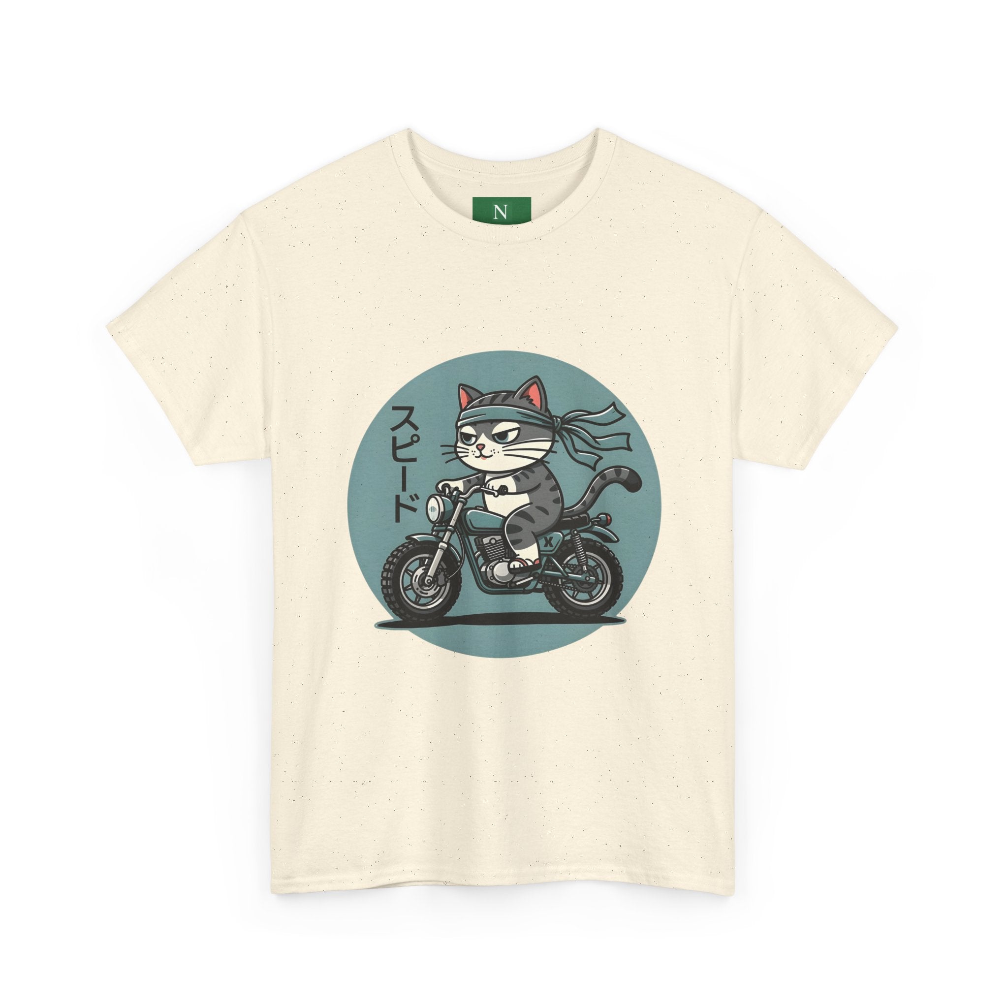 Cat Biker T‑Shirt — Retro Motorcycle Cat with Japanese “Speed” Text