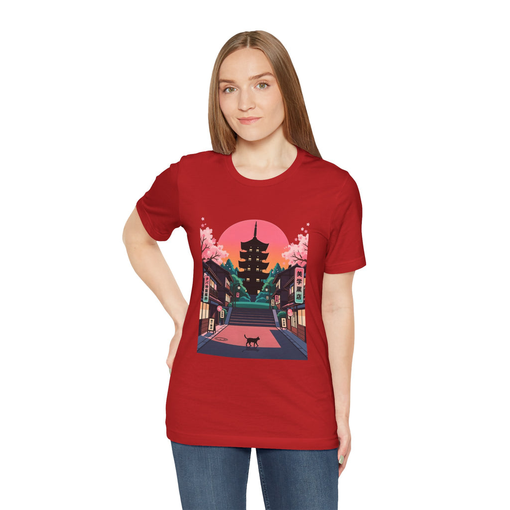 Japanese Pagoda Sunset Tee — Sakura Street Cat Graphic T-Shirt