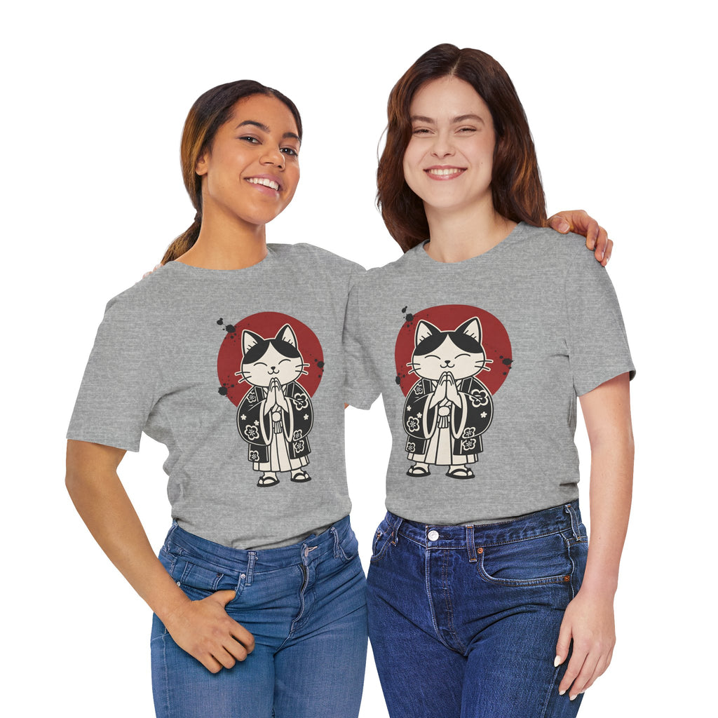 Samurai Cat T‑Shirt — Cute Praying Cat with Red Sun Graphic