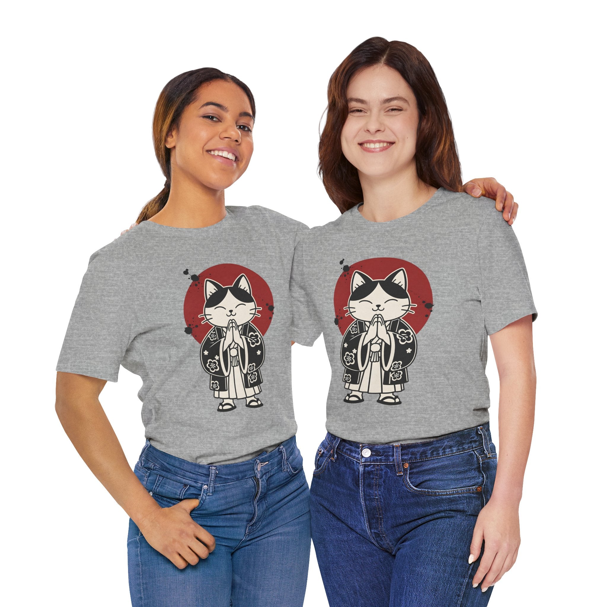 Samurai Cat T‑Shirt — Cute Praying Cat with Red Sun Graphic