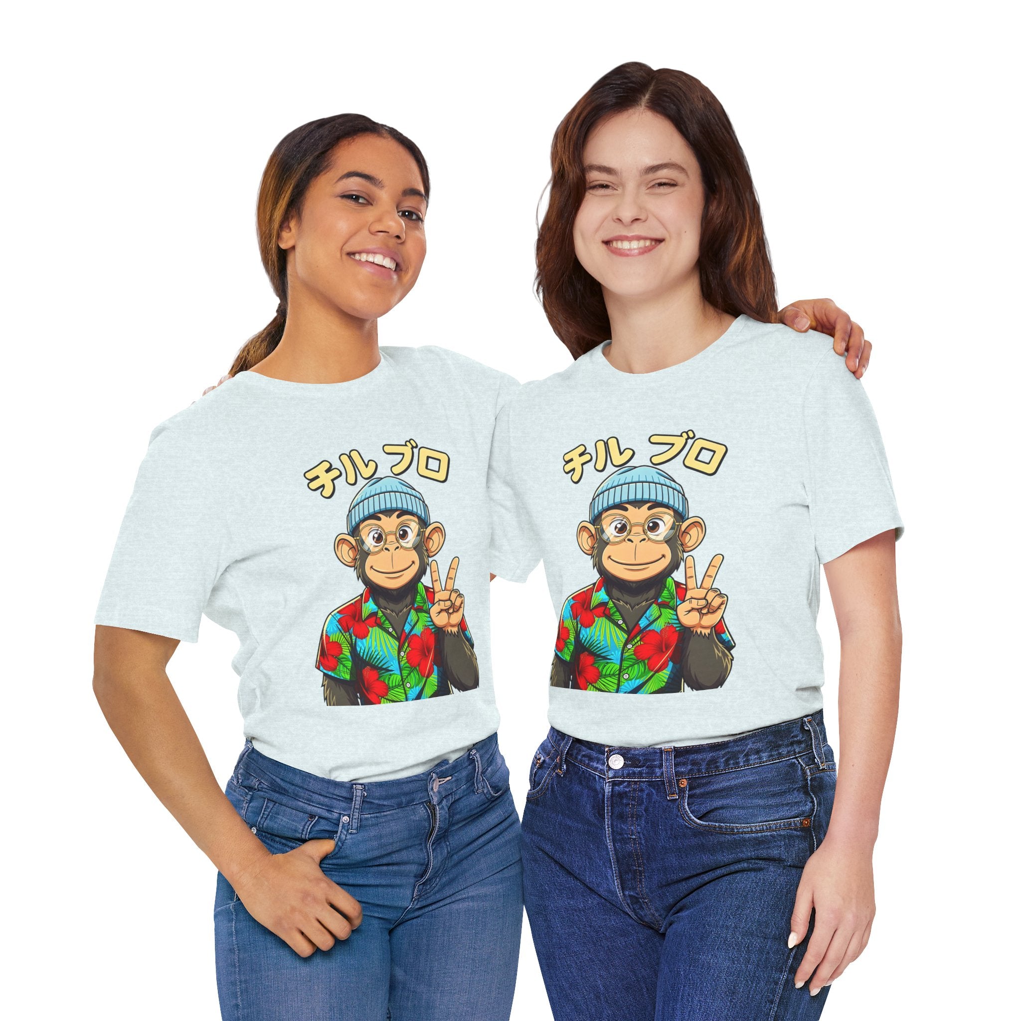 Monkey Peace Sign Tee — Hawaiian Shirt Chimp Graphic with Japanese Text