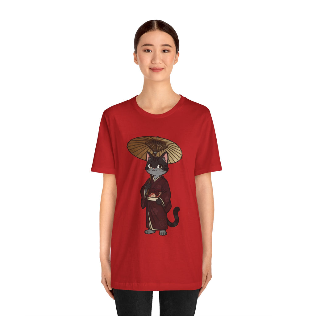 Geisha Cat Tee — Japanese Umbrella Cat Graphic T-Shirt