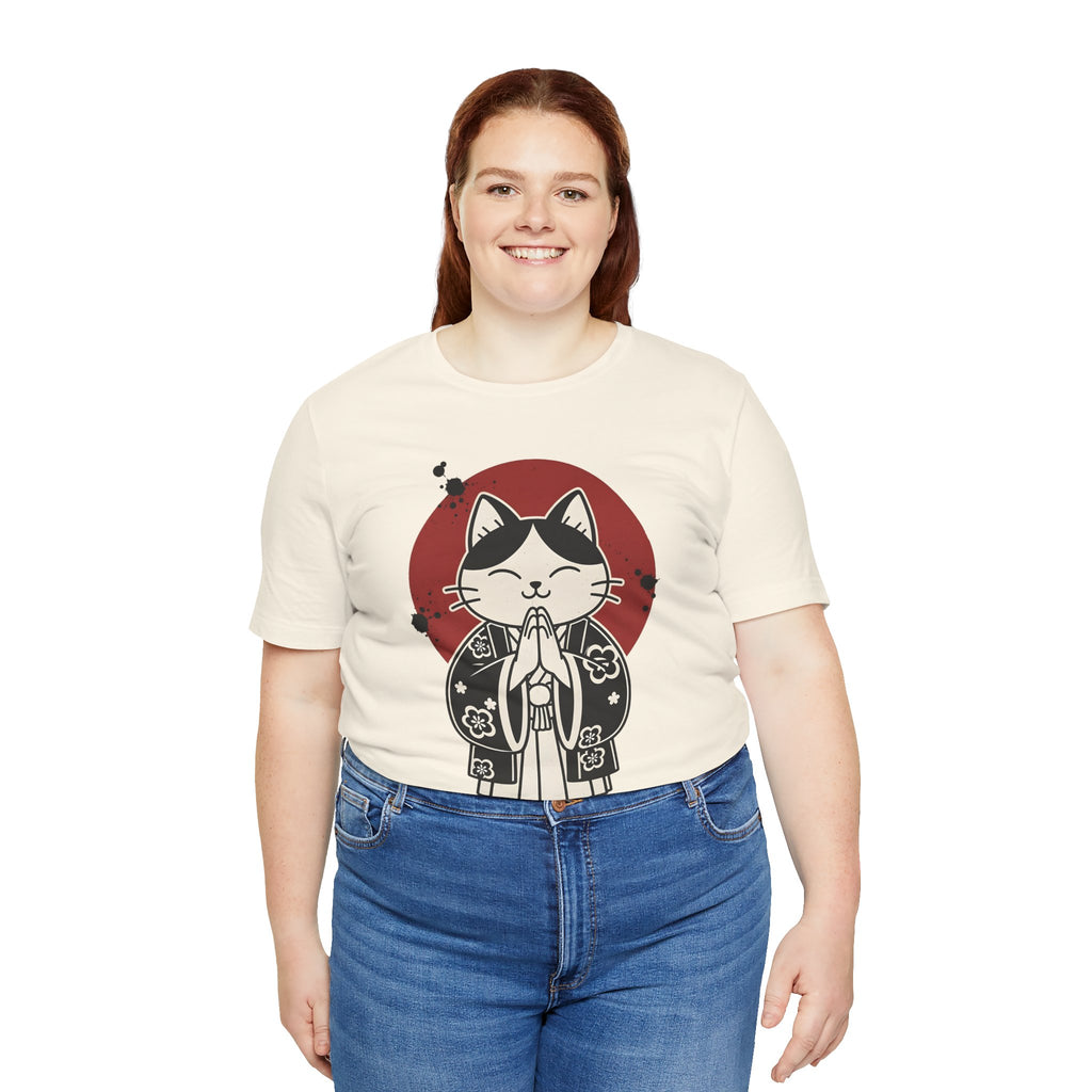 Samurai Cat T‑Shirt — Cute Praying Cat with Red Sun Graphic