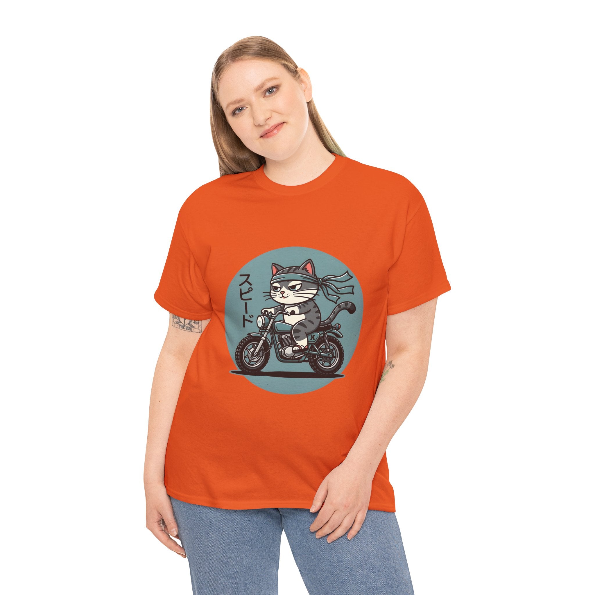 Cat Biker T‑Shirt — Retro Motorcycle Cat with Japanese “Speed” Text