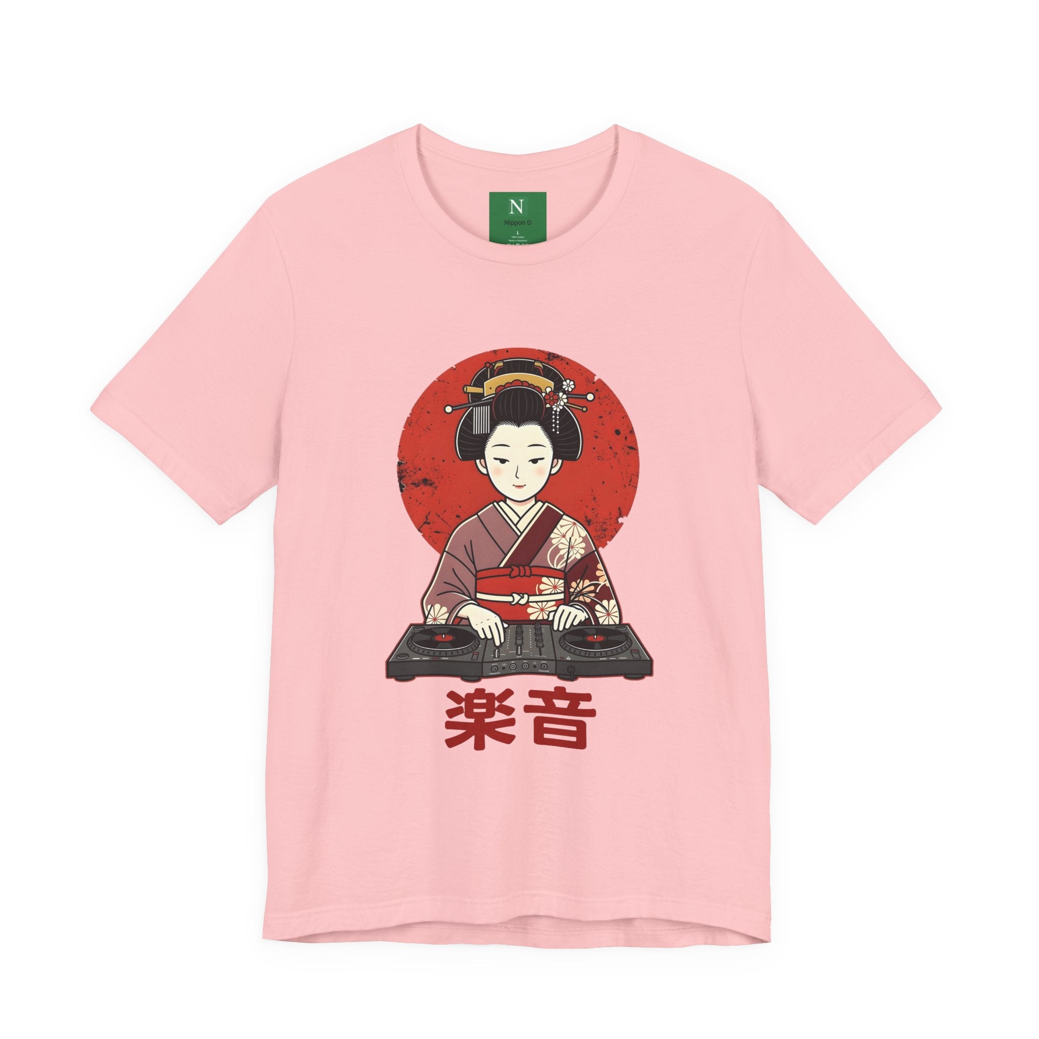 Geisha DJ T-Shirt — Japanese Vinyl Turntable Tee with '楽音' (Music) Design