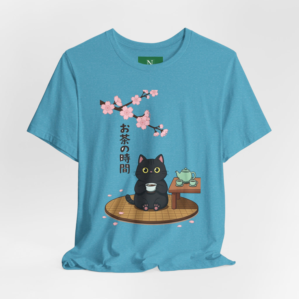Cat Tea Time T-Shirt — Kawaii Black Cat with Sakura and Teapot