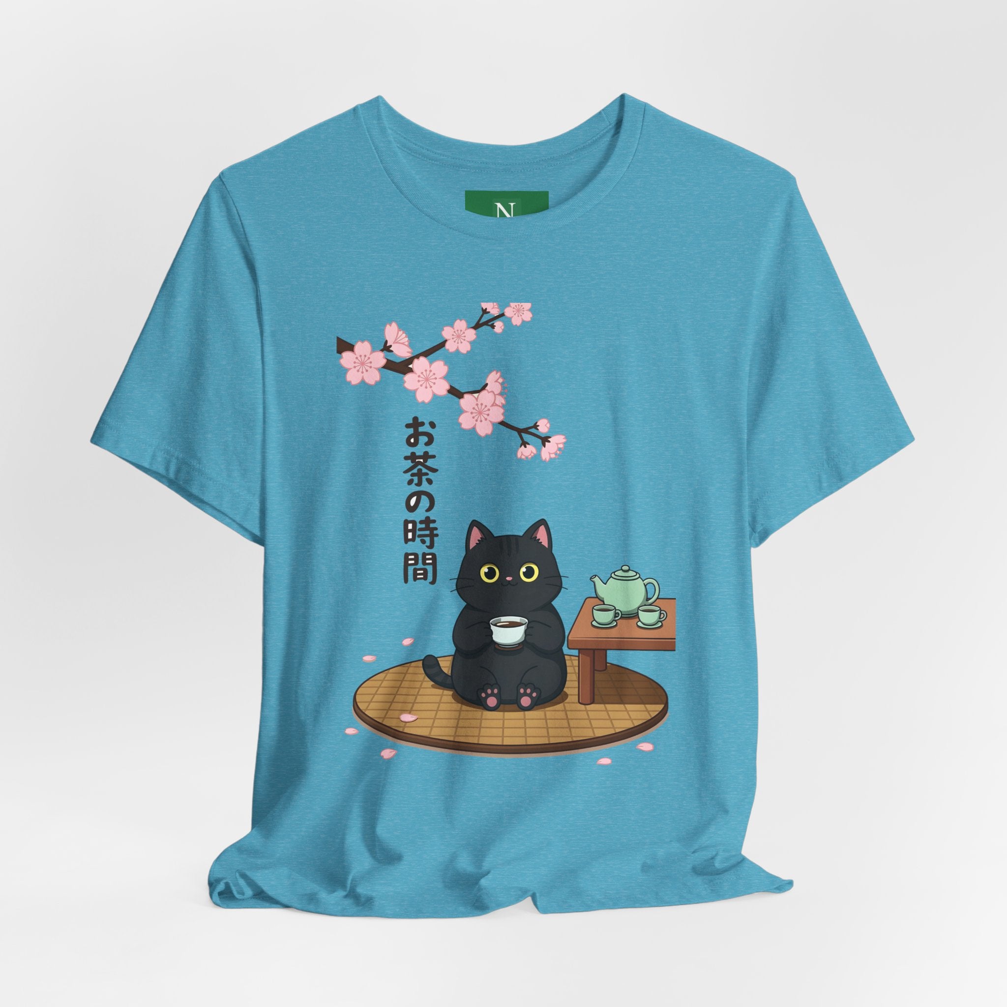 Cat Tea Time T-Shirt — Kawaii Black Cat with Sakura and Teapot