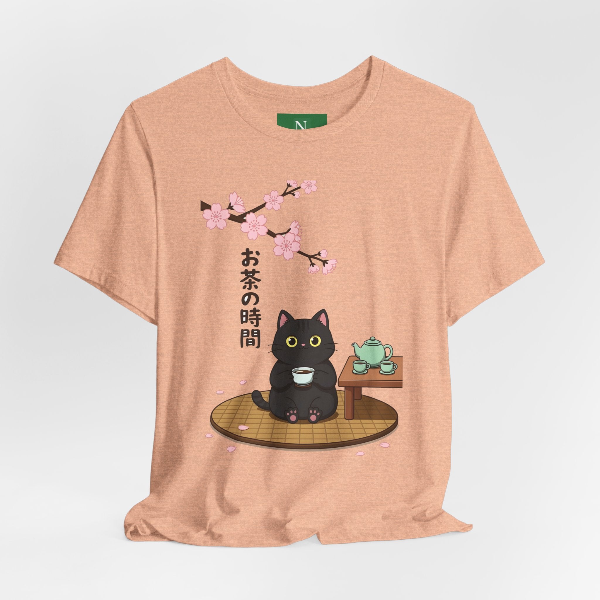Cat Tea Time T-Shirt — Kawaii Black Cat with Sakura and Teapot
