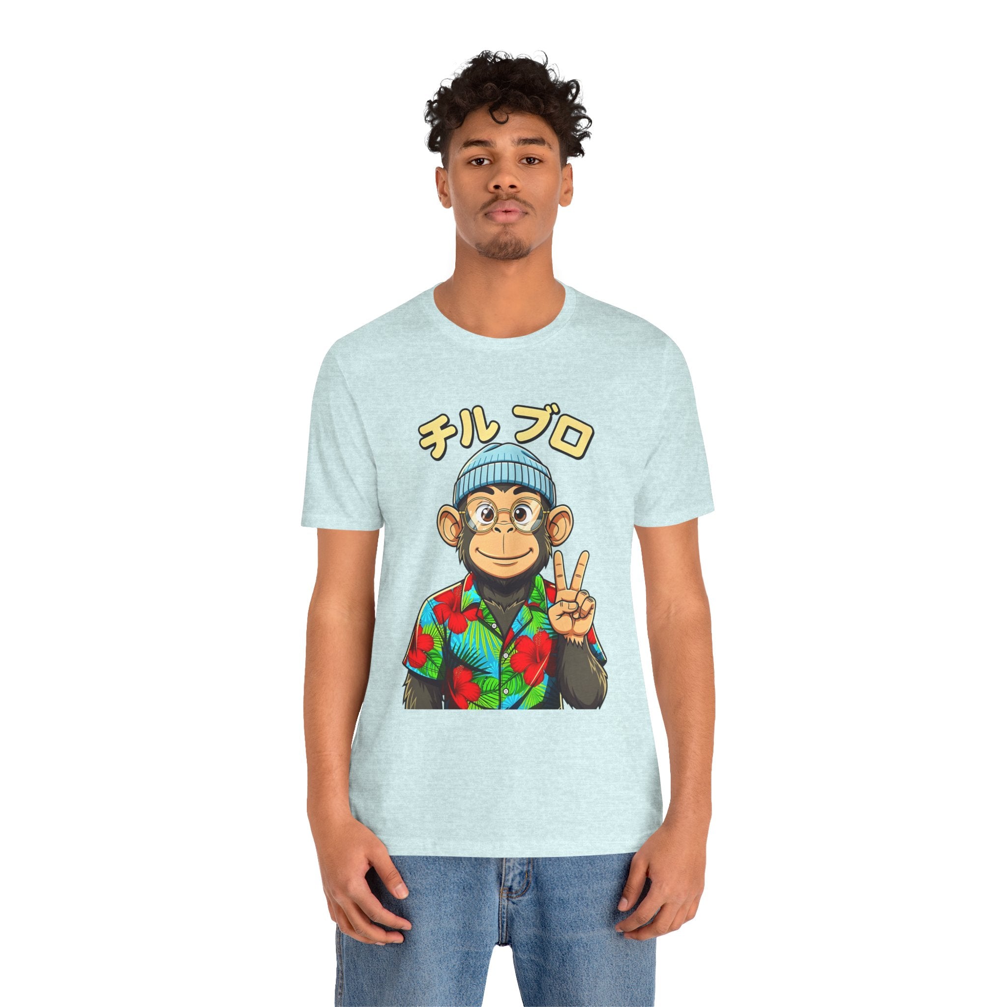 Monkey Peace Sign Tee — Hawaiian Shirt Chimp Graphic with Japanese Text