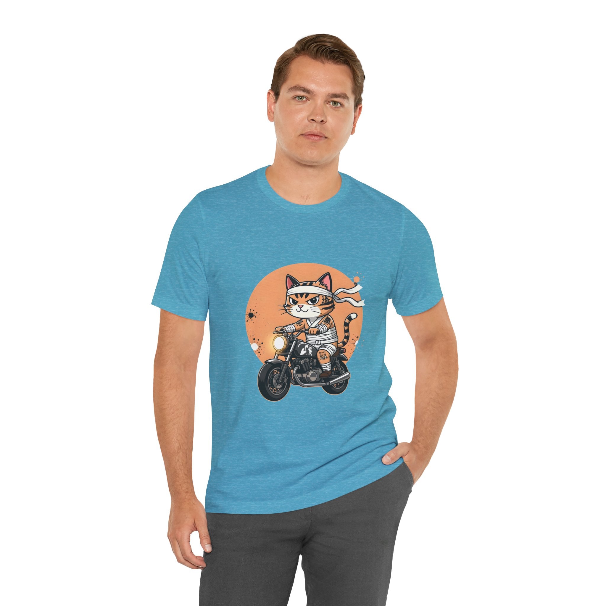 Retro Biker Cat T‑Shirt — Cute Motorcycle Cat Graphic Tee