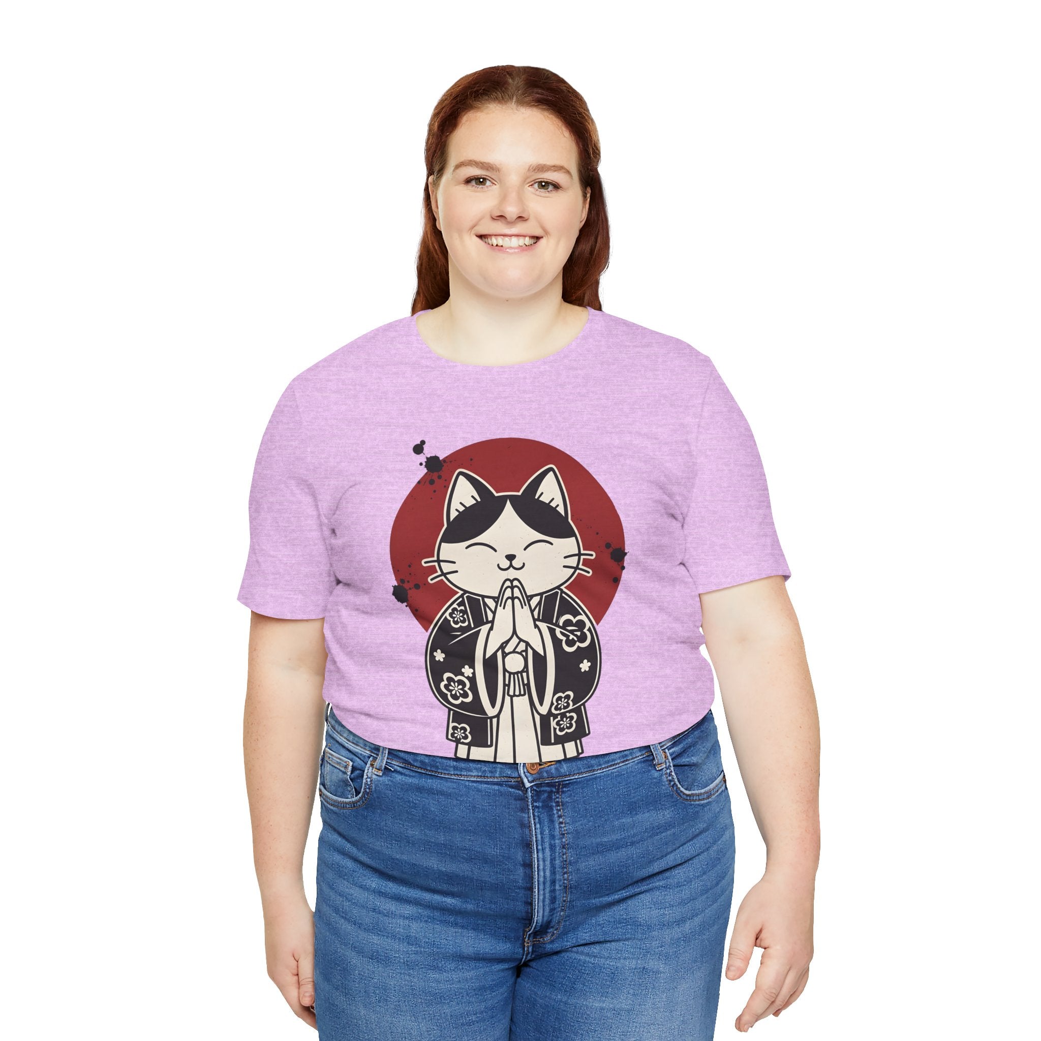 Samurai Cat T‑Shirt — Cute Praying Cat with Red Sun Graphic