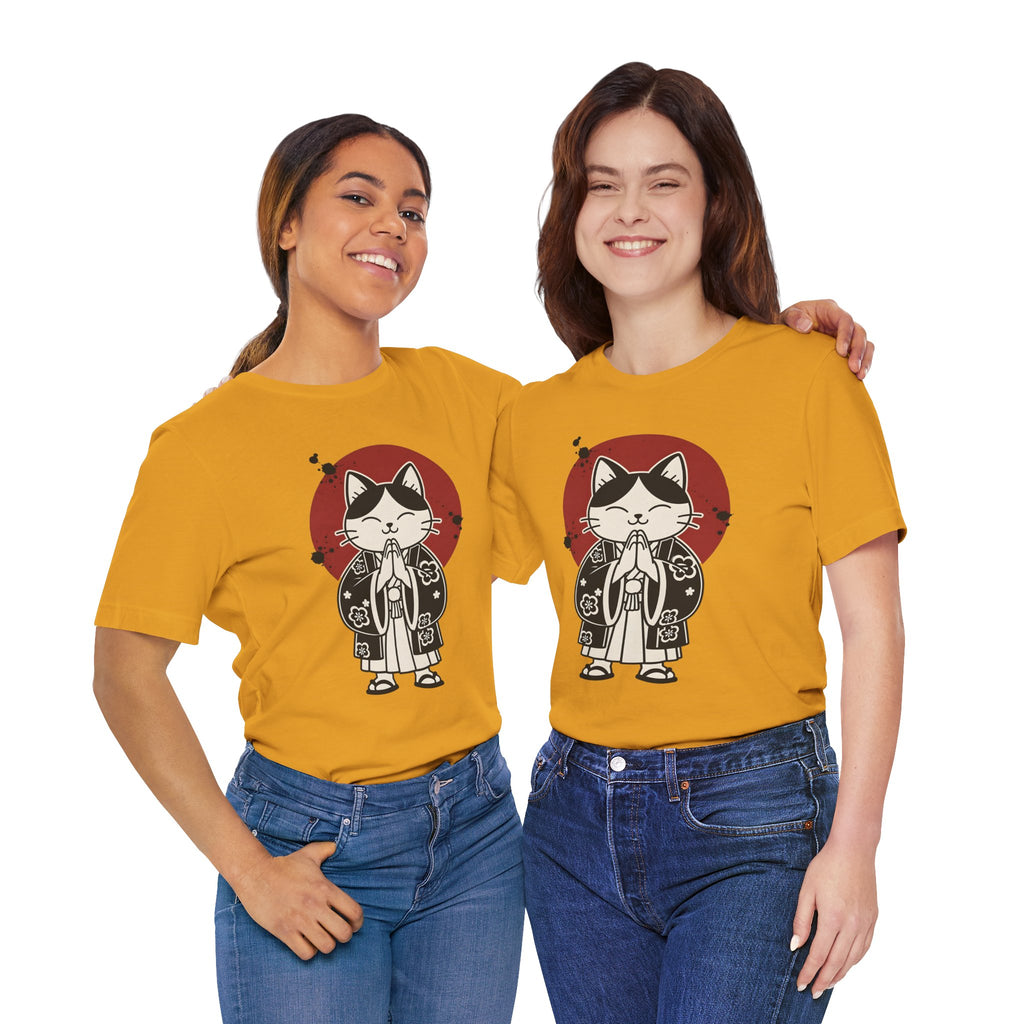 Samurai Cat T‑Shirt — Cute Praying Cat with Red Sun Graphic