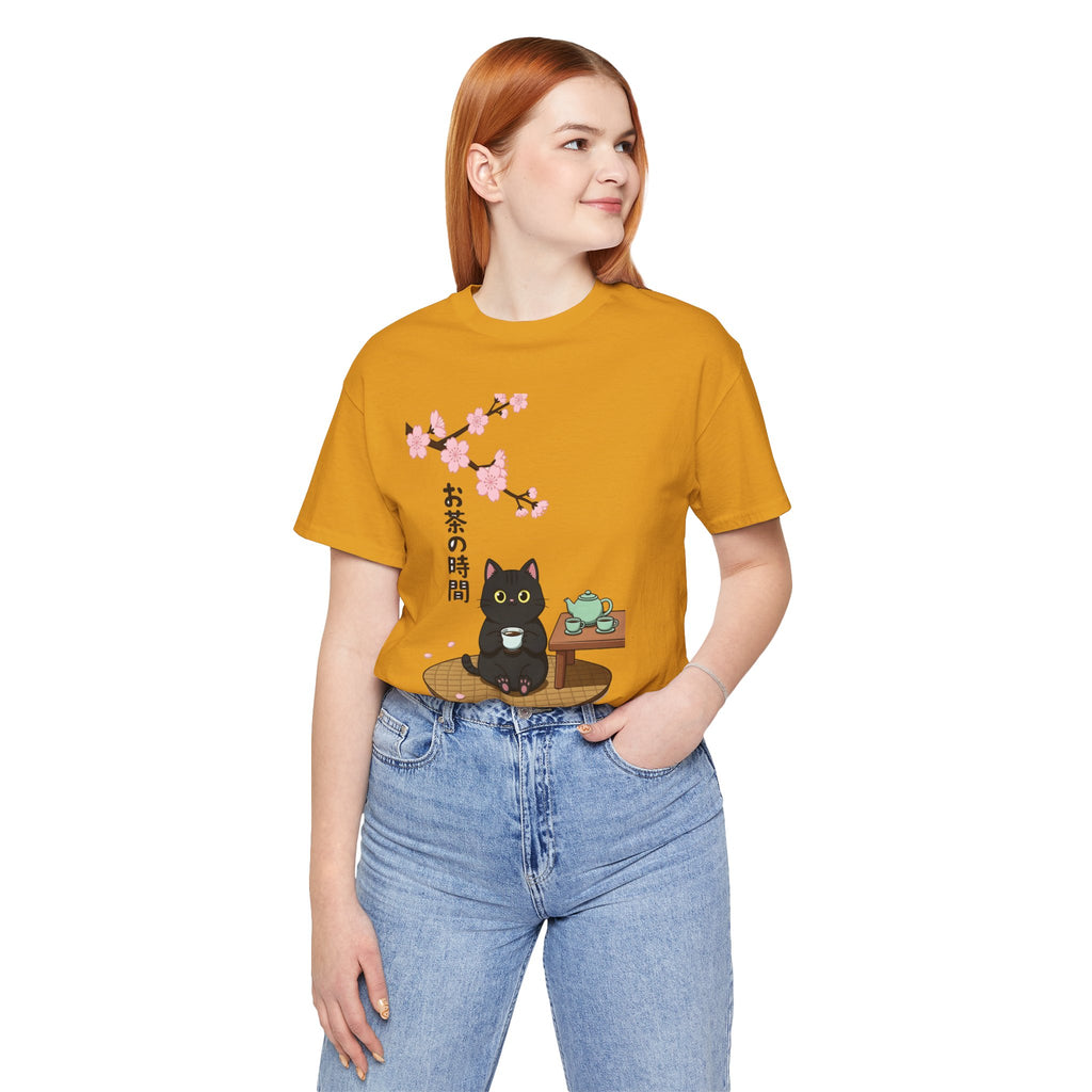 Cat Tea Time T-Shirt — Kawaii Black Cat with Sakura and Teapot