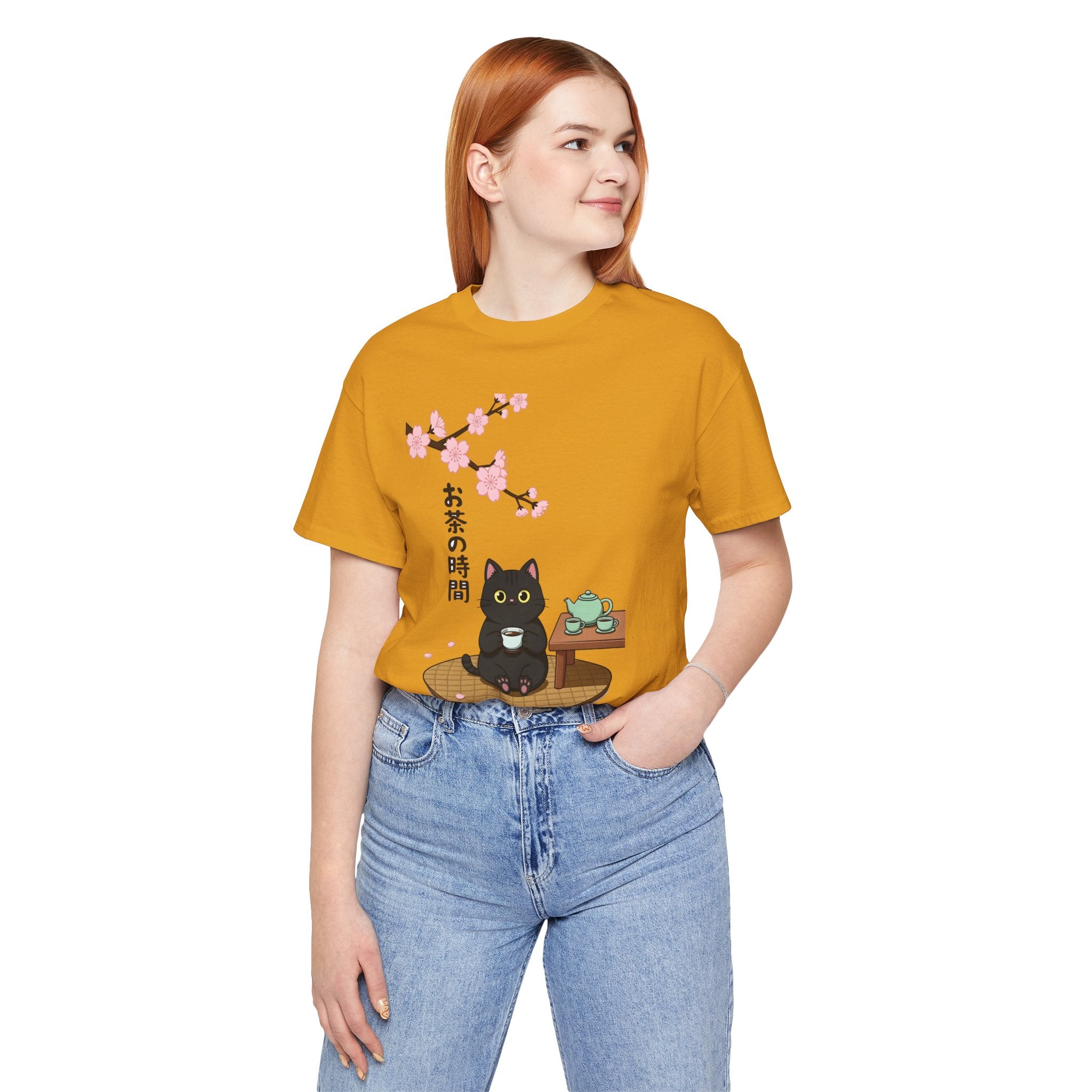 Cat Tea Time T-Shirt — Kawaii Black Cat with Sakura and Teapot