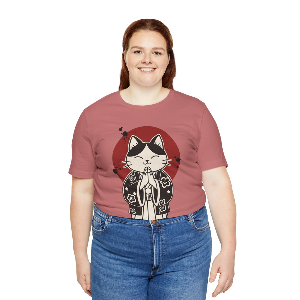 Samurai Cat T‑Shirt — Cute Praying Cat with Red Sun Graphic