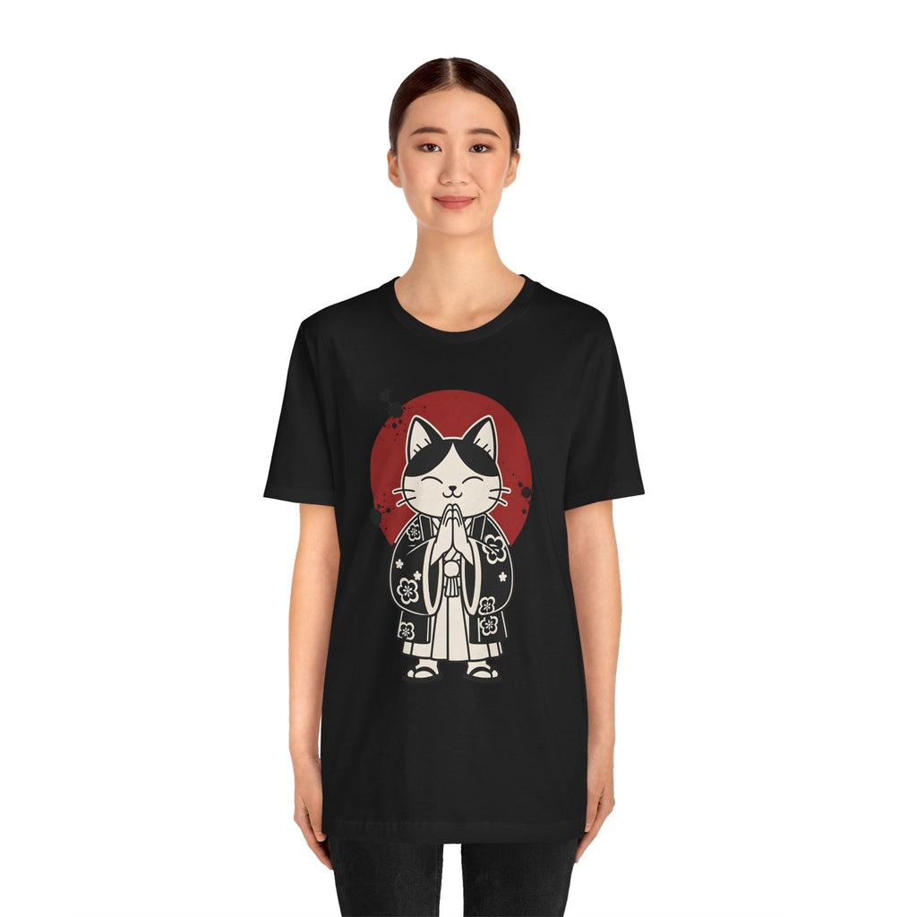 Samurai Cat T‑Shirt — Cute Praying Cat with Red Sun Graphic