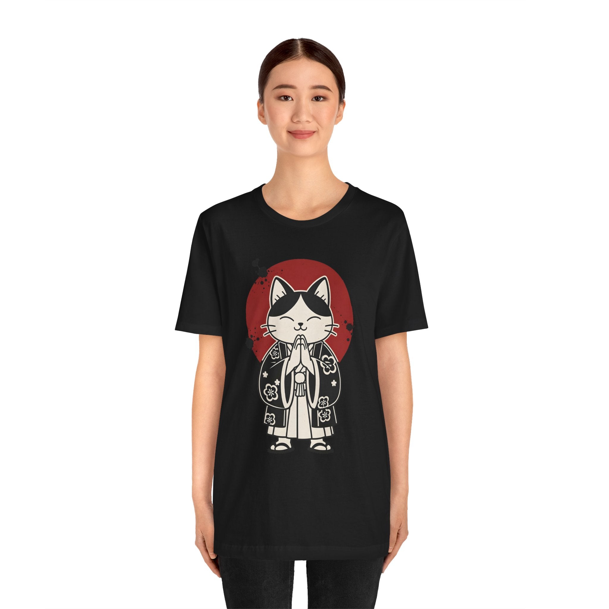 Samurai Cat T‑Shirt — Cute Praying Cat with Red Sun Graphic