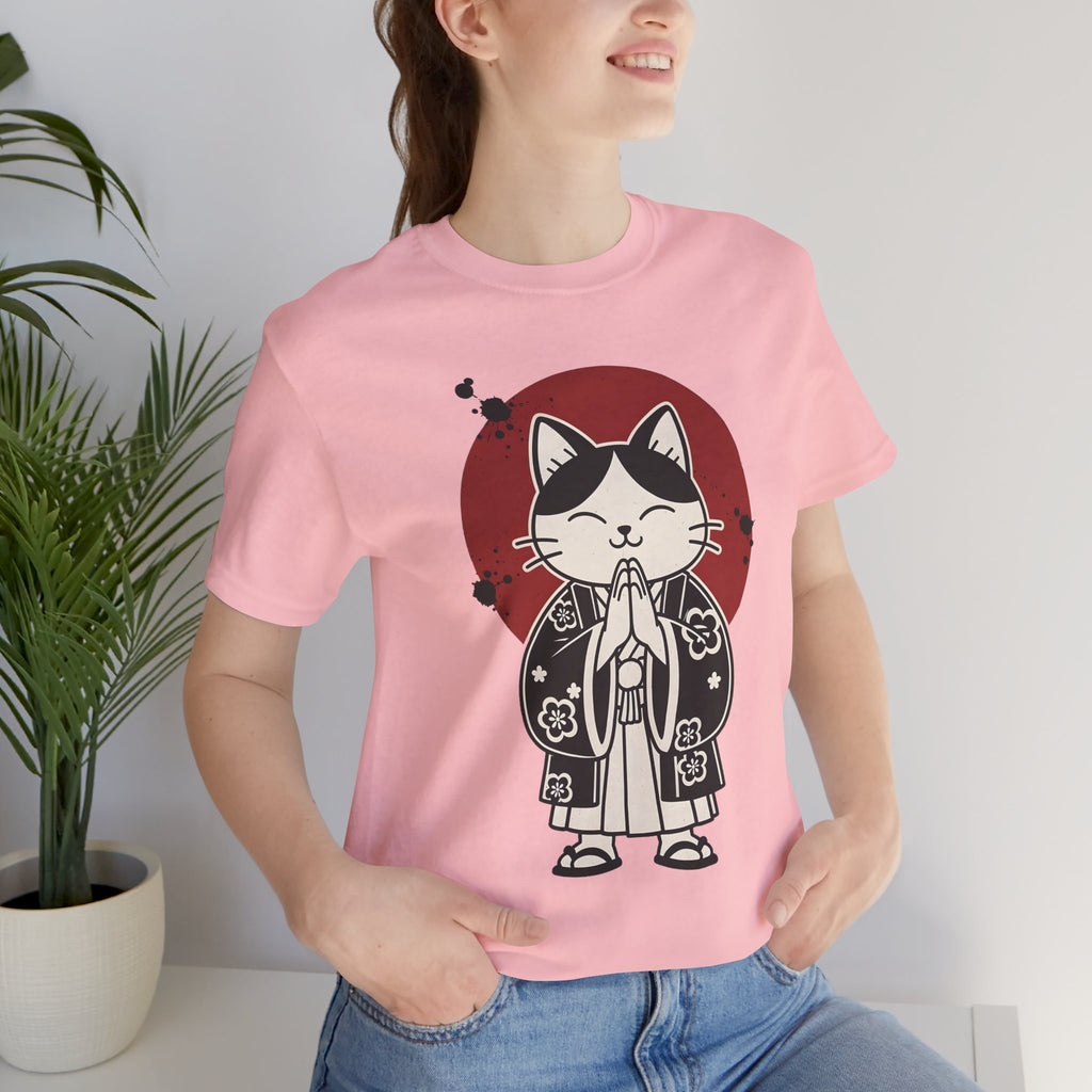 Samurai Cat T‑Shirt — Cute Praying Cat with Red Sun Graphic