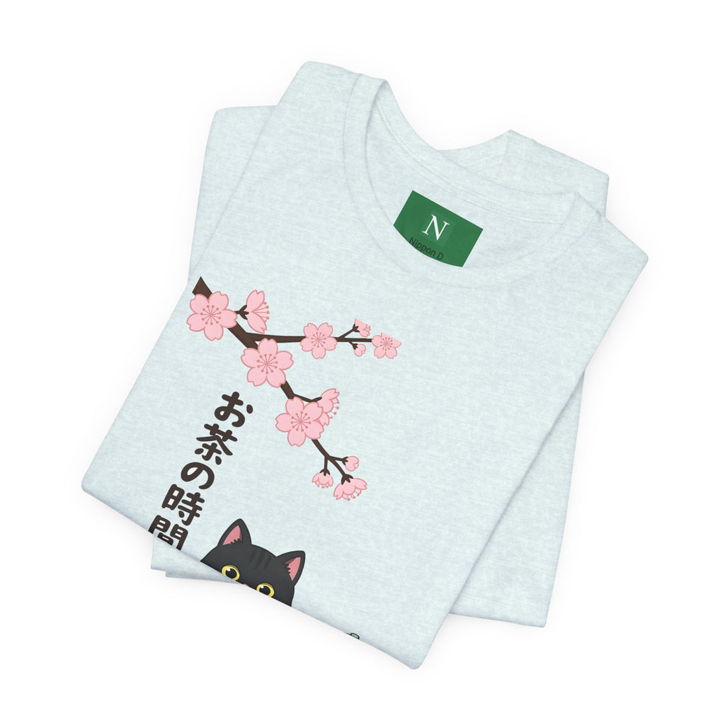 Cat Tea Time T-Shirt — Kawaii Black Cat with Sakura and Teapot