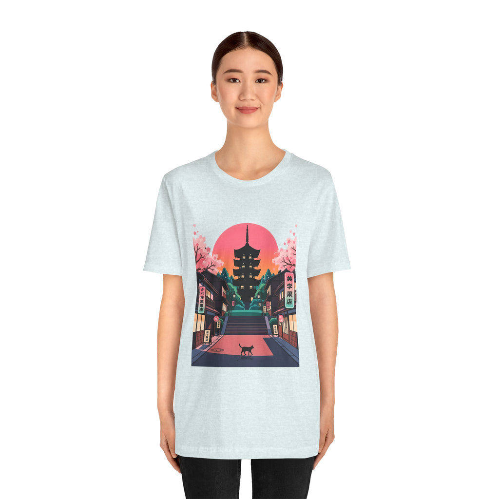 Japanese Pagoda Sunset Tee — Sakura Street Cat Graphic T-Shirt