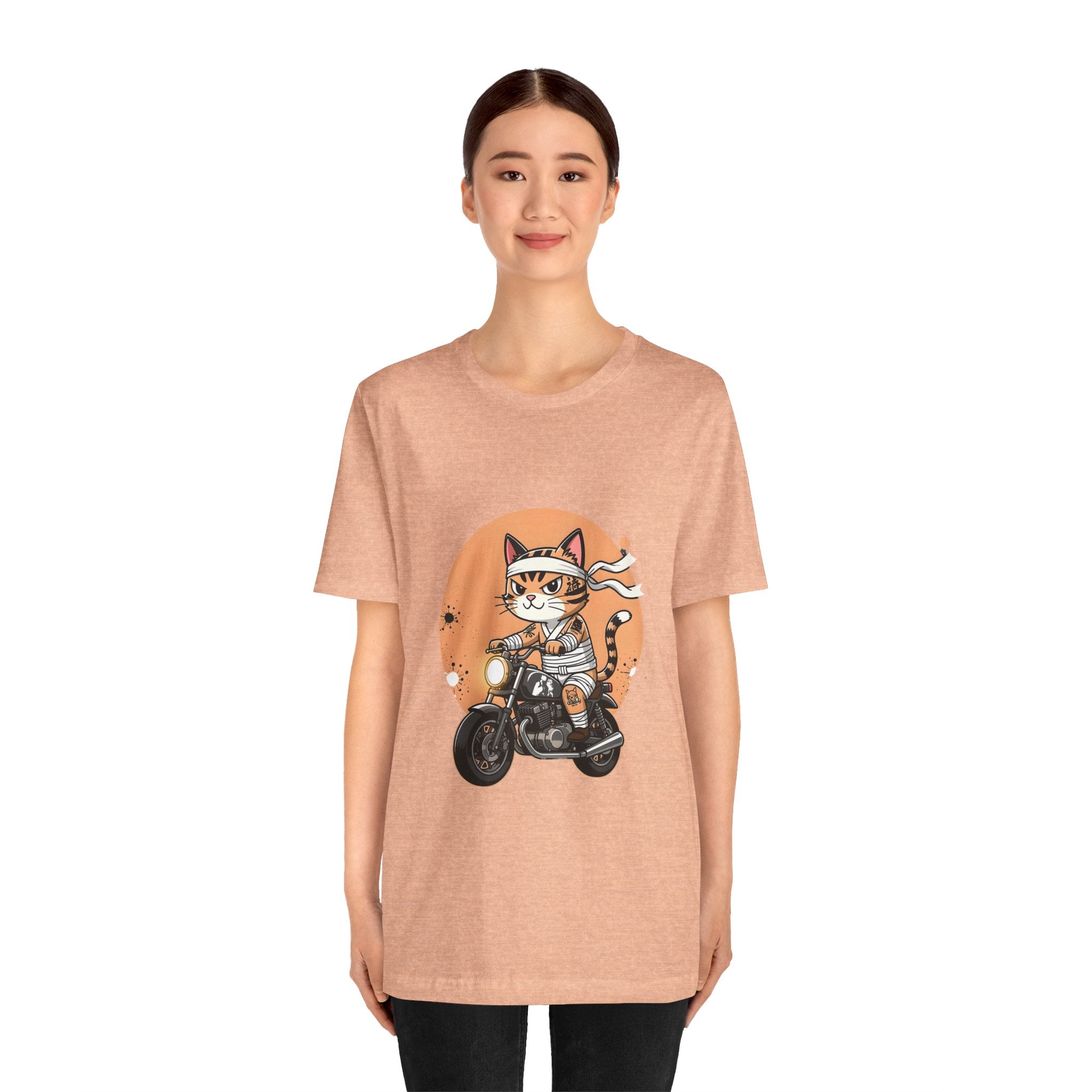 Retro Biker Cat T‑Shirt — Cute Motorcycle Cat Graphic Tee