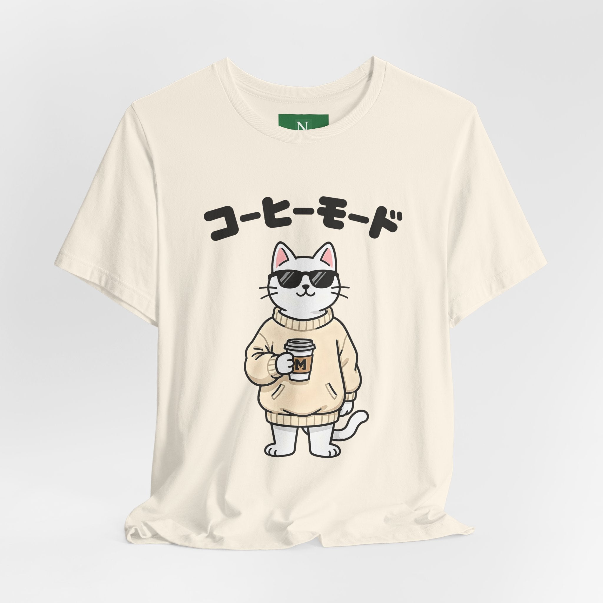 Coffee Mode Cat Tee — Cute Japanese Cat Holding Coffee T-Shirt