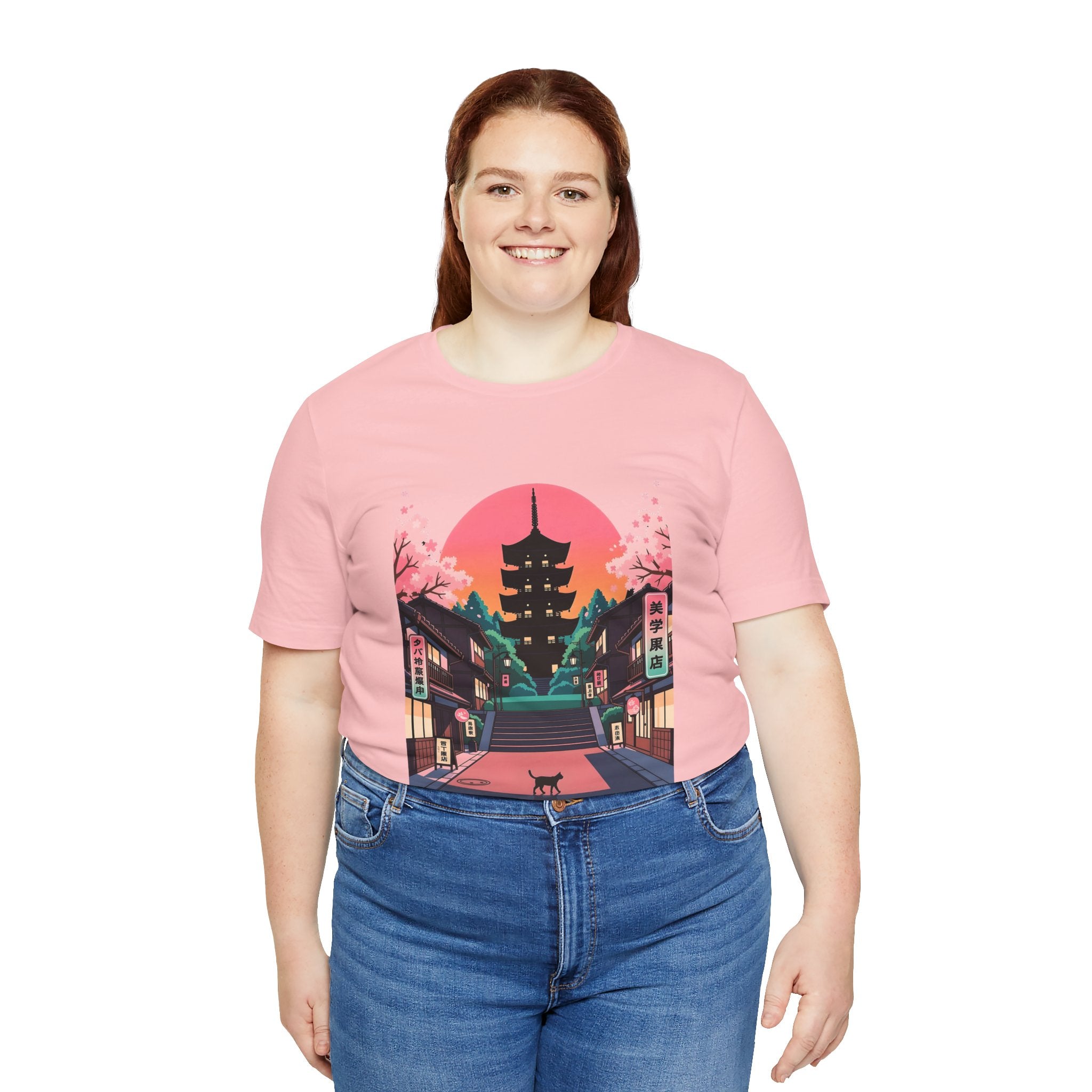 Japanese Pagoda Sunset Tee — Sakura Street Cat Graphic T-Shirt