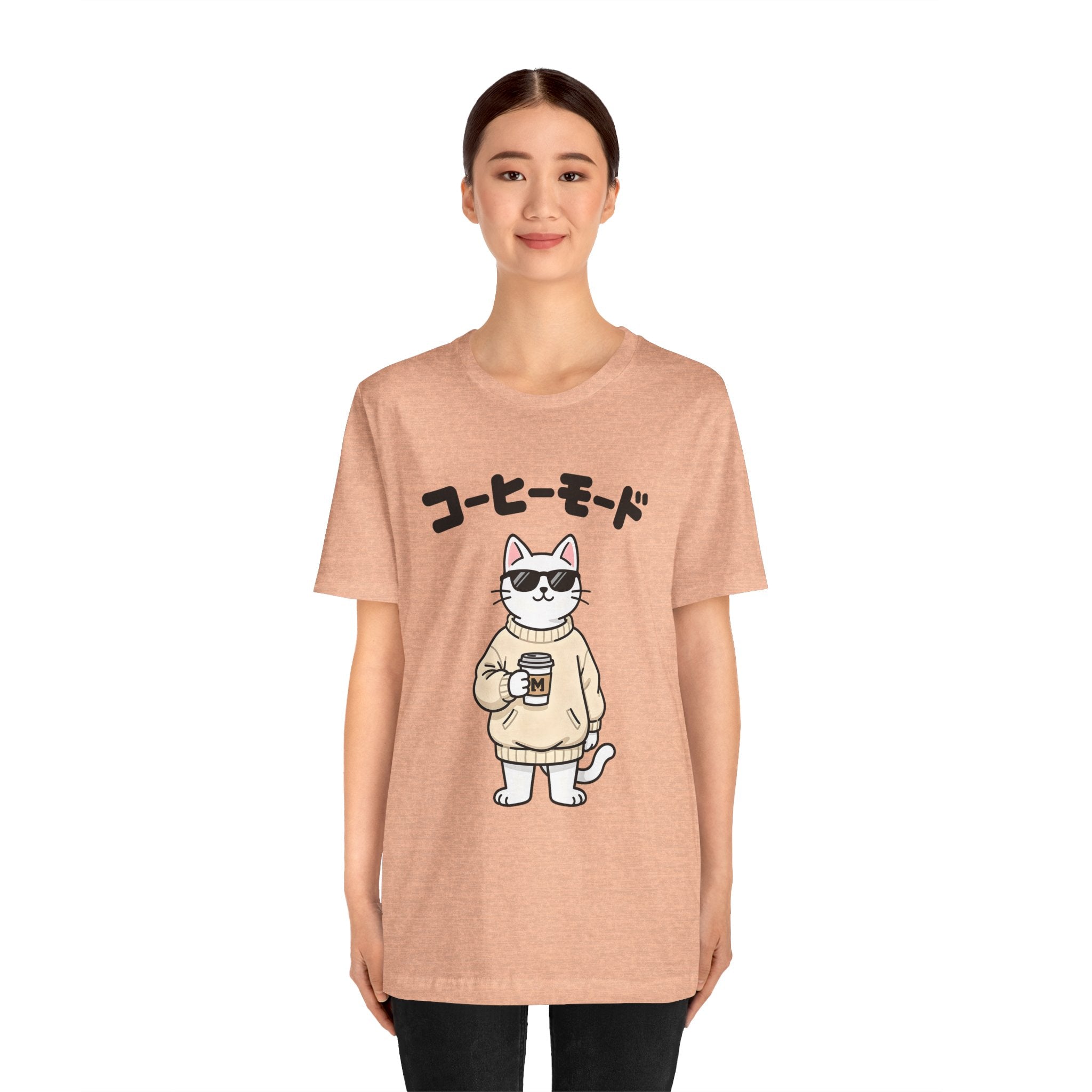 Coffee Mode Cat Tee — Cute Japanese Cat Holding Coffee T-Shirt