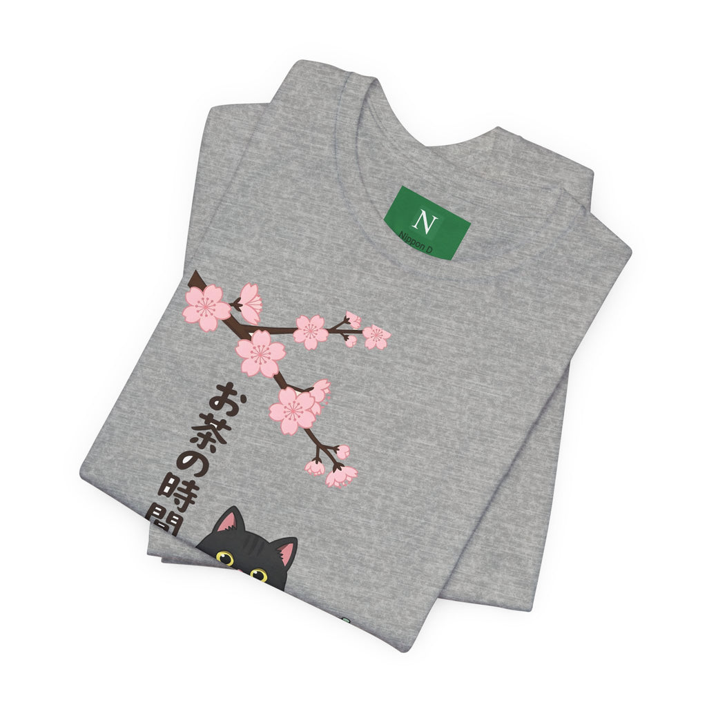 Cat Tea Time T-Shirt — Kawaii Black Cat with Sakura and Teapot