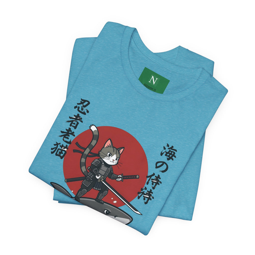 Ninja Cat Riding Shark T‑Shirt — Japanese Samurai Style Graphic Tee