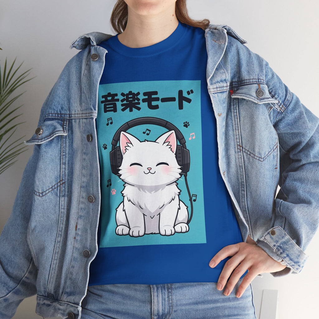 Music Mode Cat T-Shirt — Cute Headphone Kitten Tee (Japanese Text)
