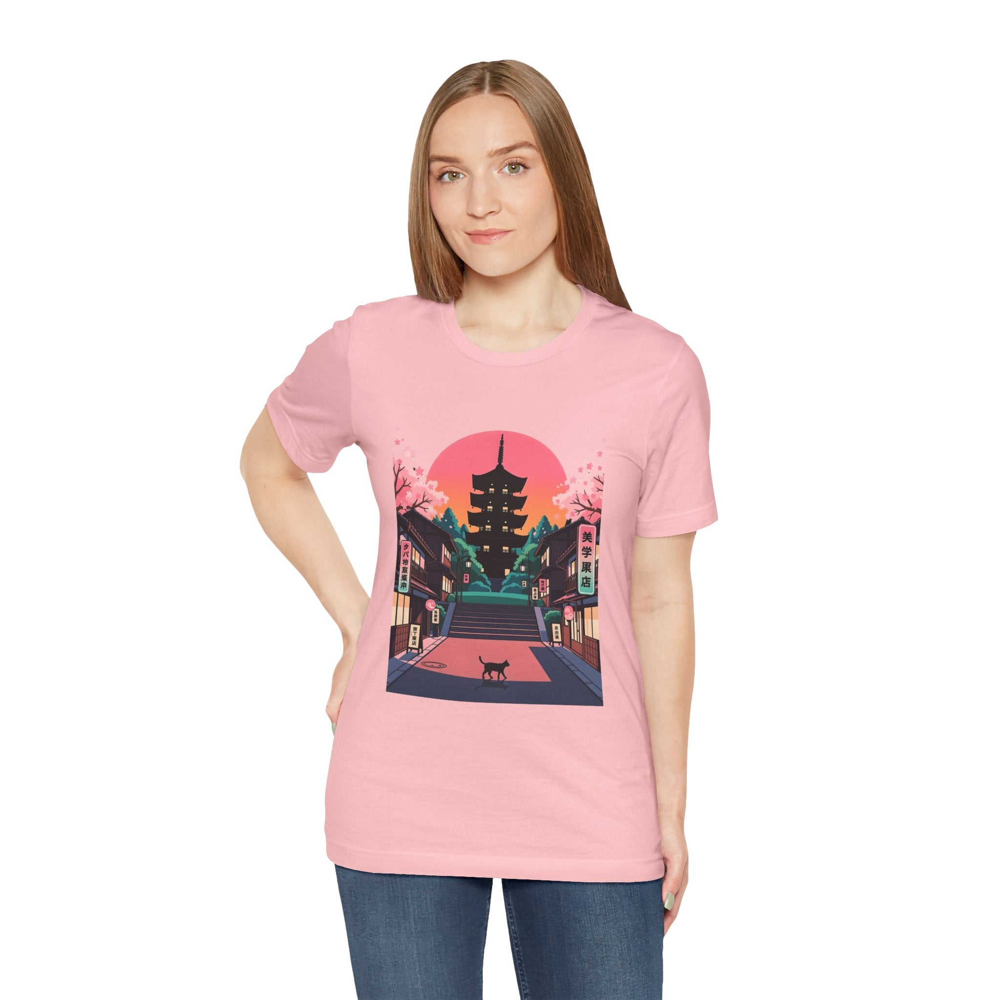 Japanese Pagoda Sunset Tee — Sakura Street Cat Graphic T-Shirt