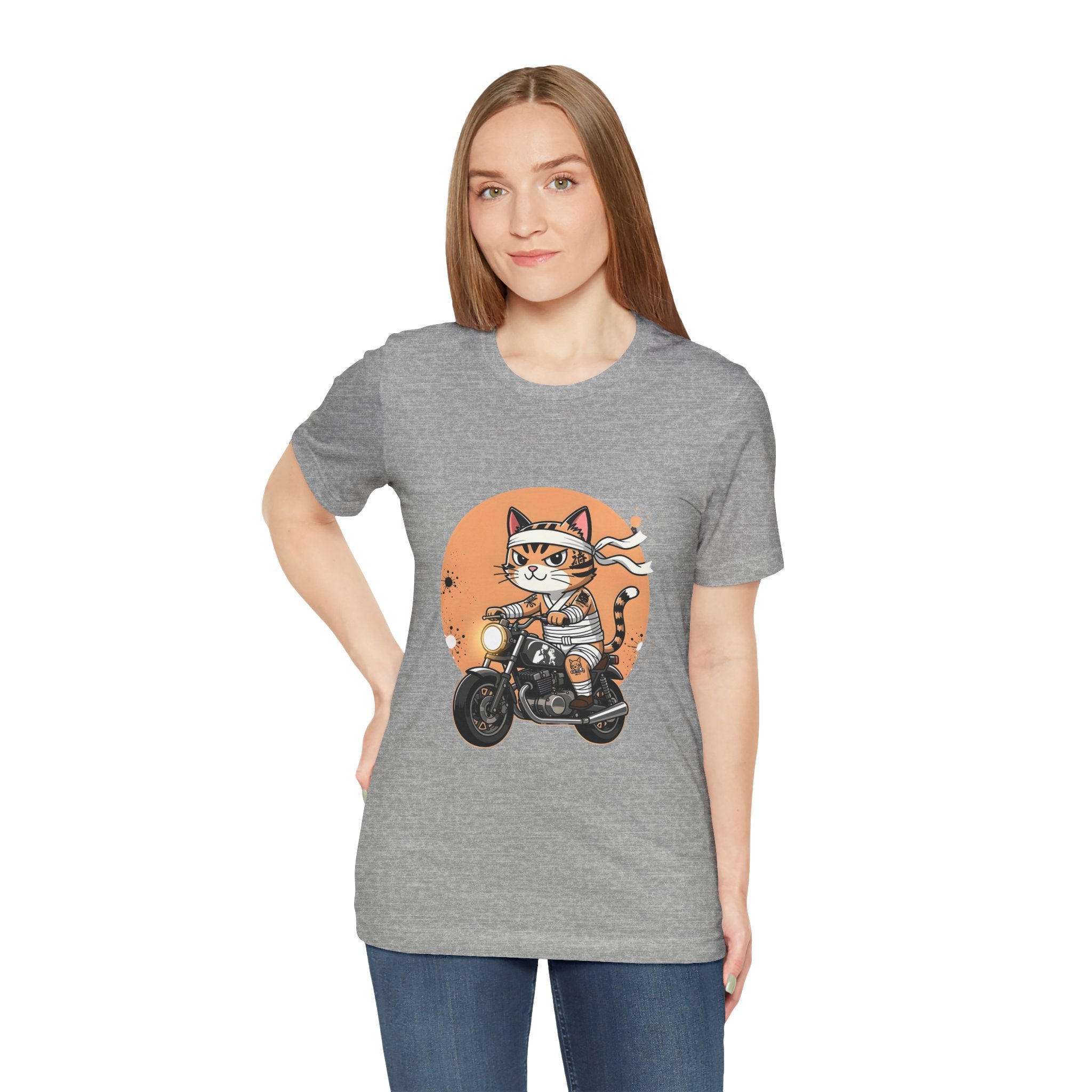 Retro Biker Cat T‑Shirt — Cute Motorcycle Cat Graphic Tee