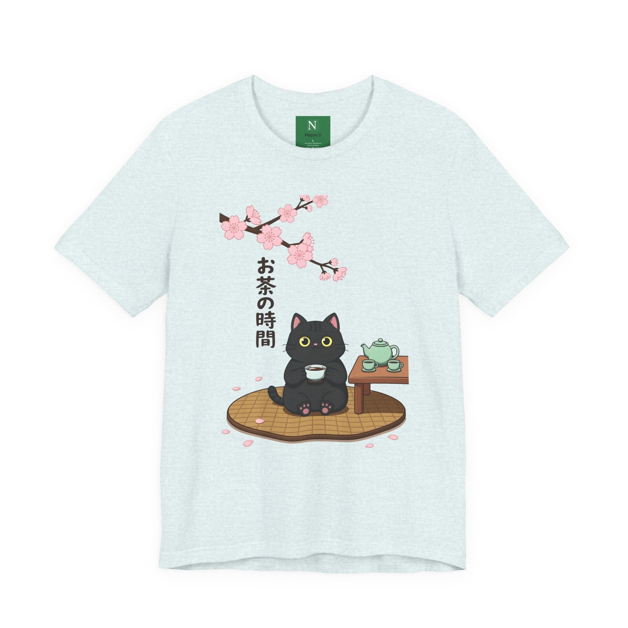 Cat Tea Time T-Shirt — Kawaii Black Cat with Sakura and Teapot