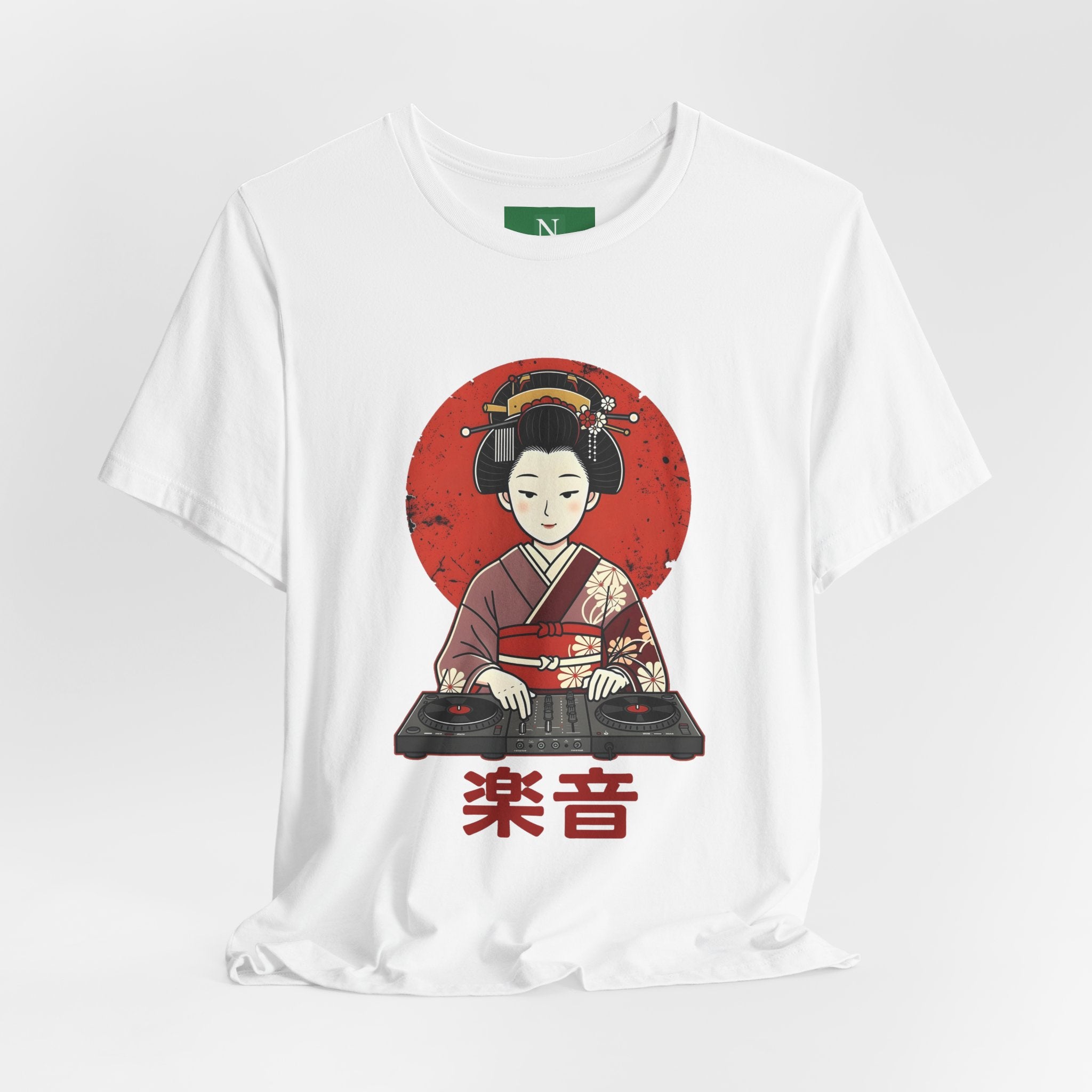 Geisha DJ T-Shirt — Japanese Vinyl Turntable Tee with '楽音' (Music) Design